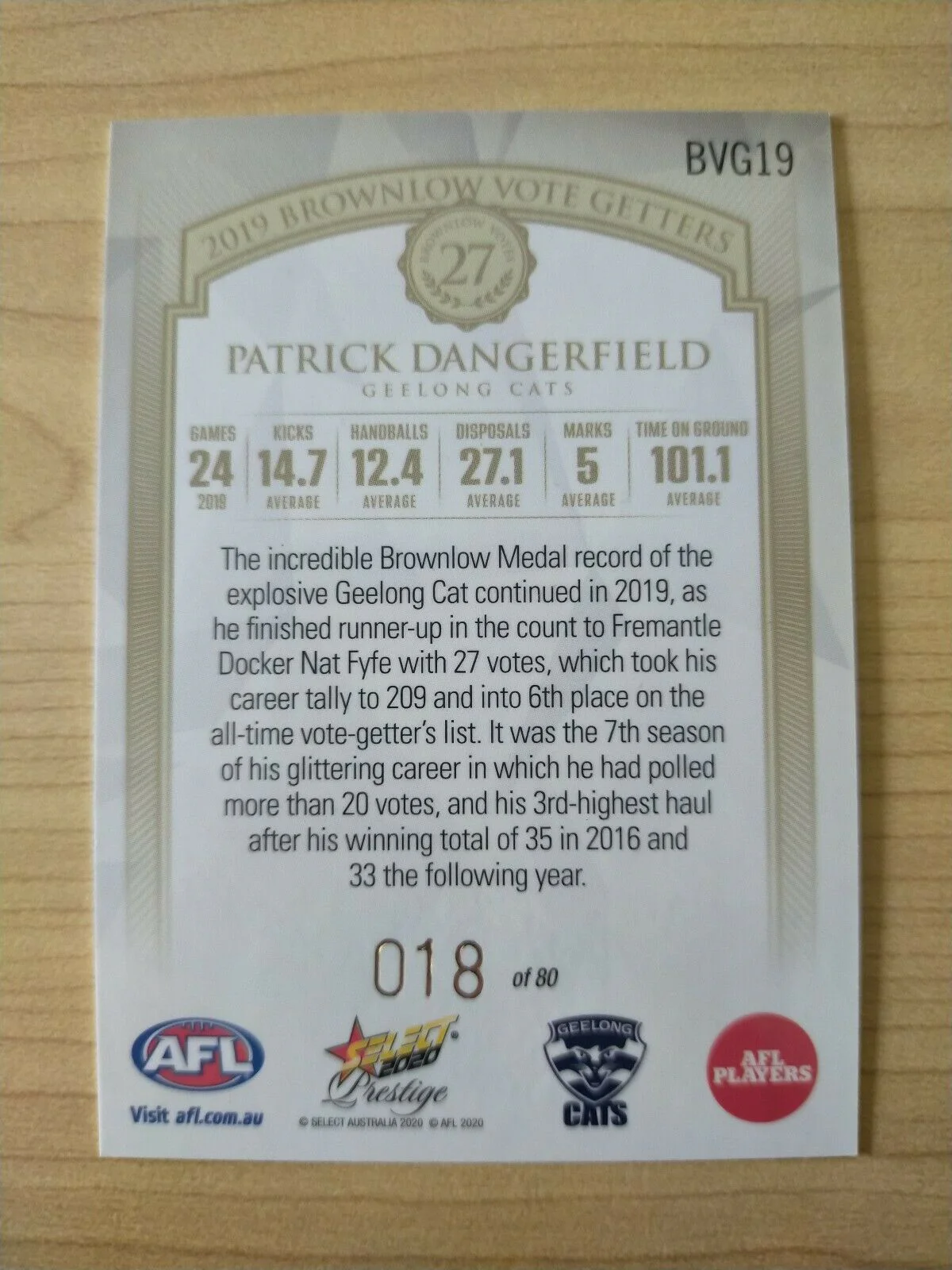 2020 Select Prestige Brownlow Vote Getters Patrick Dangerfield Geelong No.018/80 - Image 2