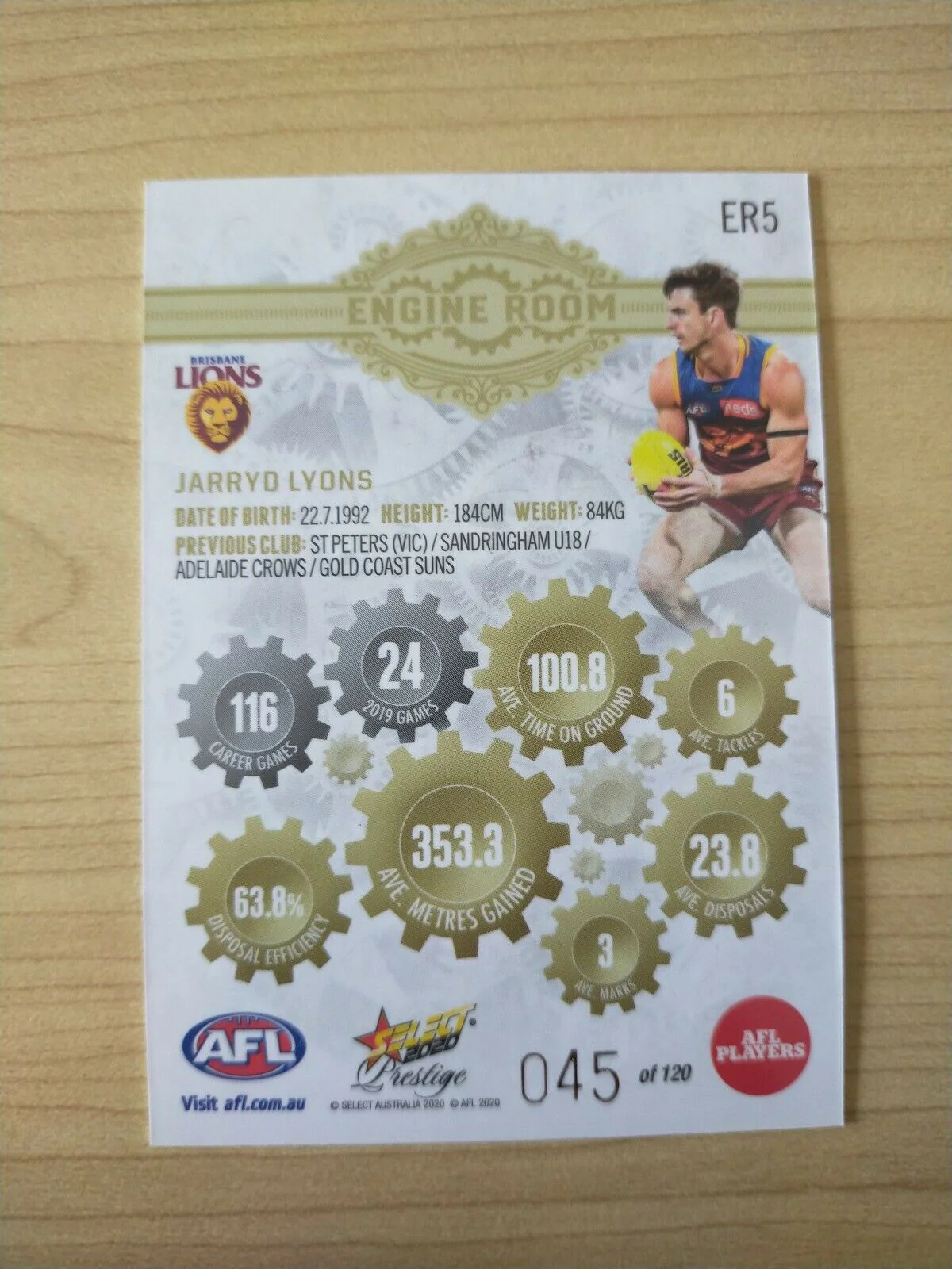 2020 Select Prestige Engine Room Jarryd Lyons Brisbane No. 045/120 - Image 2