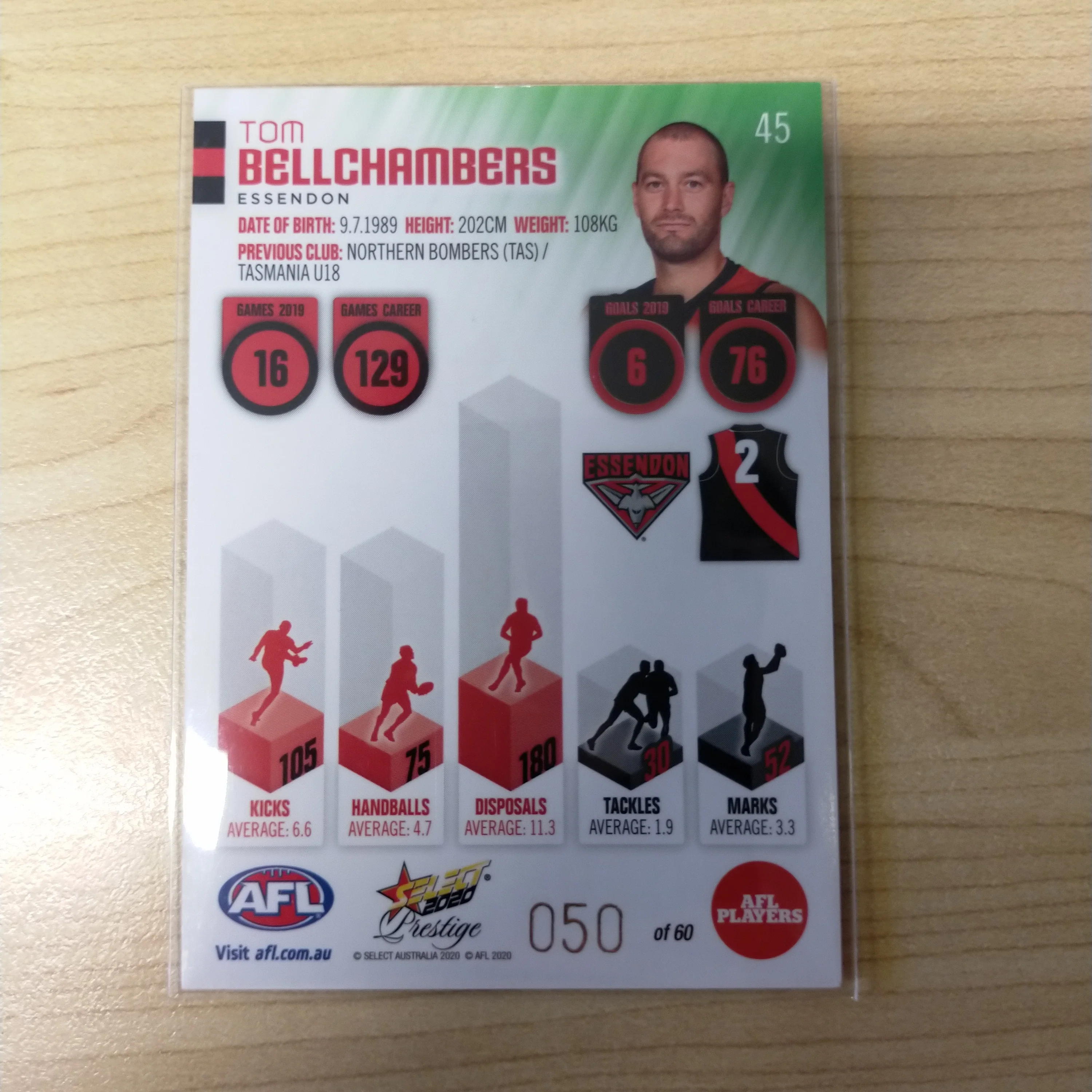 2020 Select Prestige Green Parallel Tom Bellchambers Essendon No.050/60 - Image 2