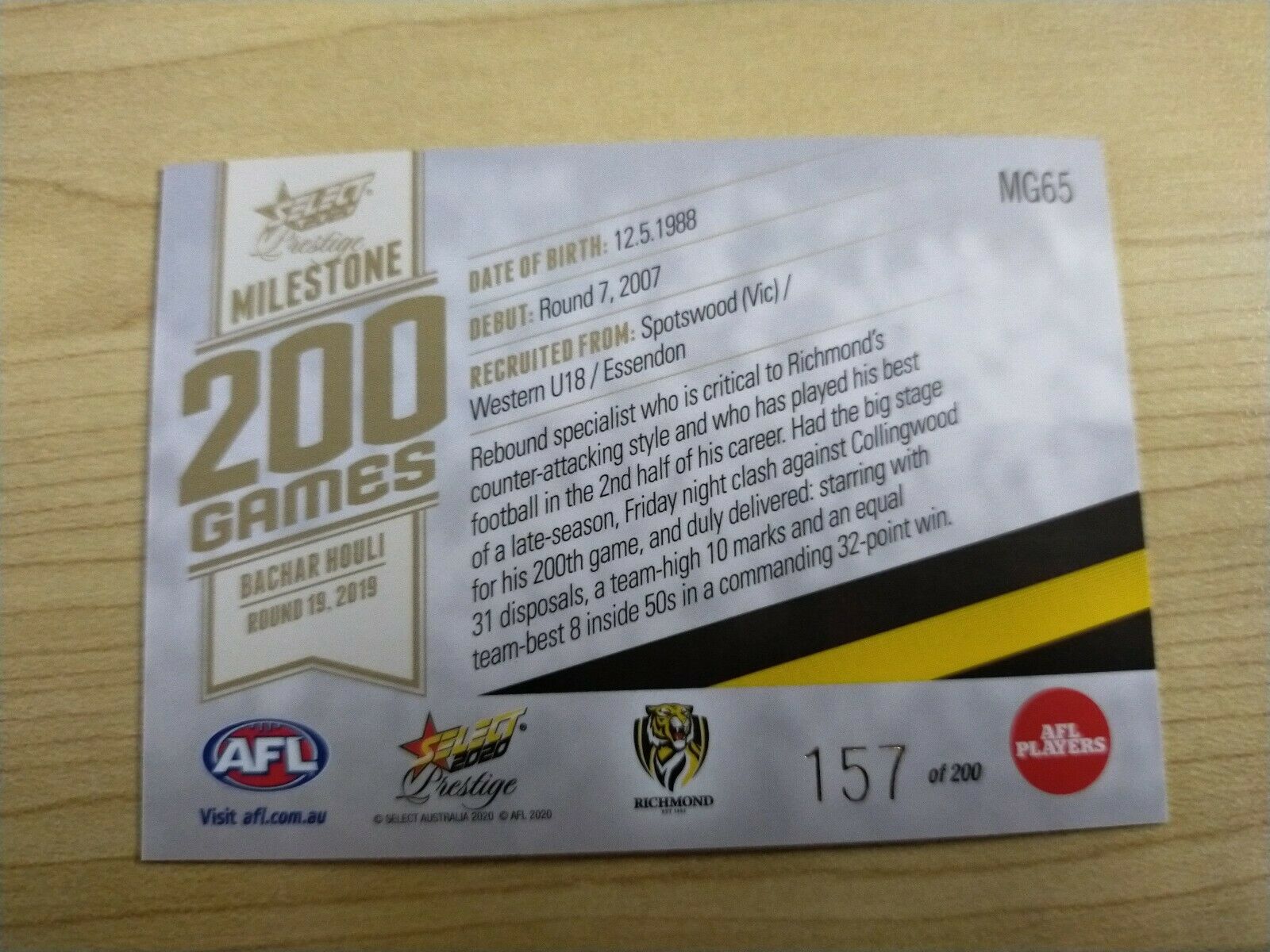 2020 Select Prestige Milestones Bachar Houli Richmond No.157/200 - Image 2