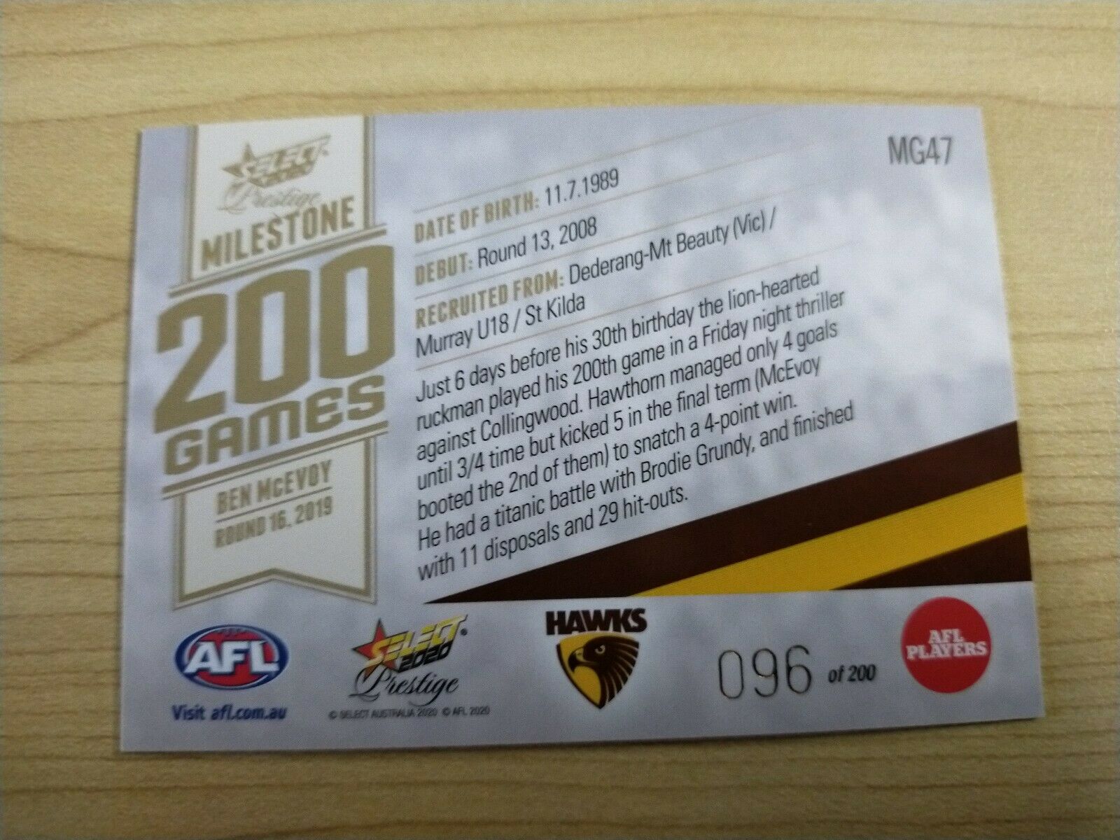 2020 Select Prestige Milestones Ben McEvoy Hawthorn No.096/200 - Image 2