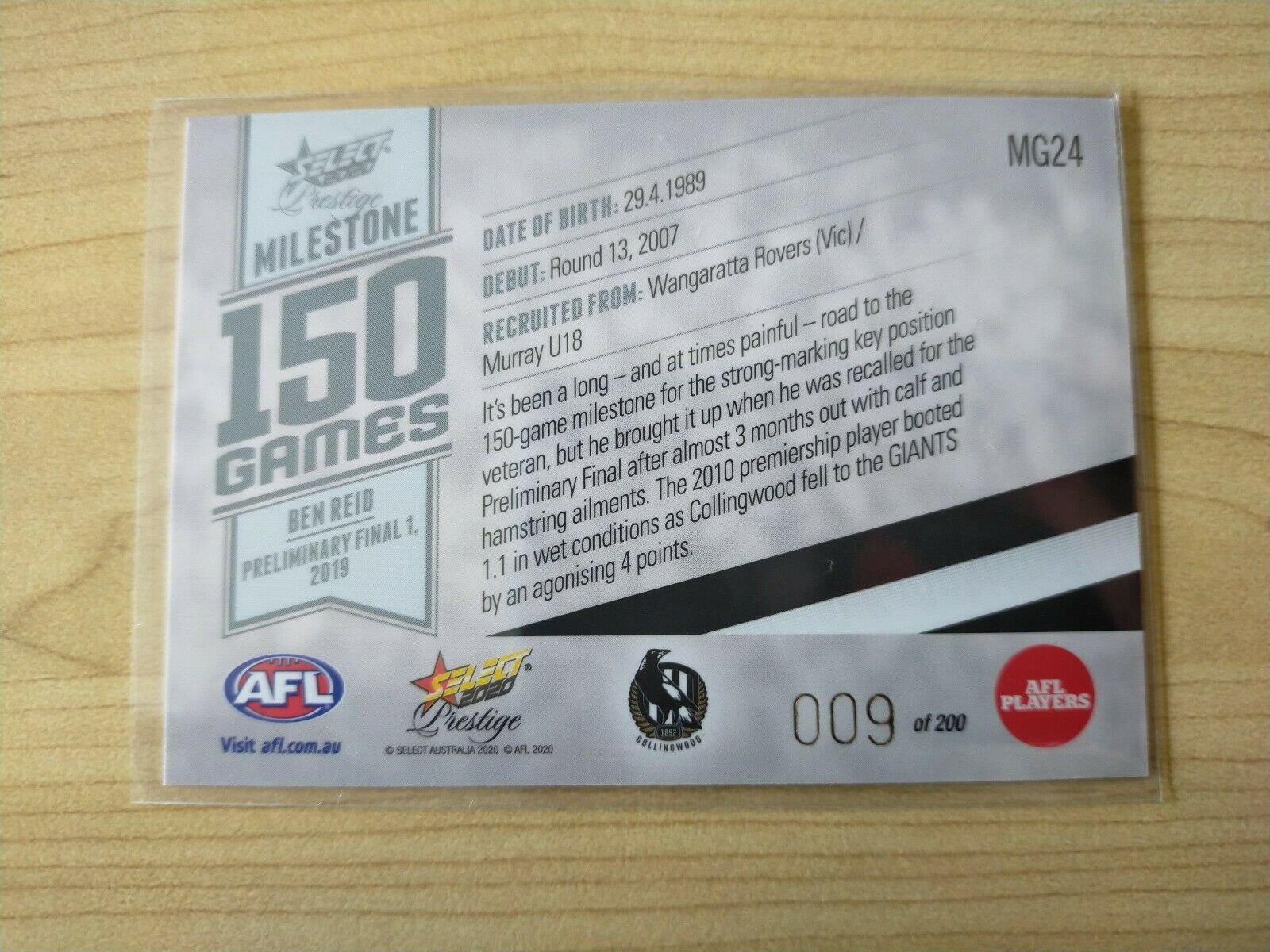 2020 Select Prestige Milestones Ben Reid Collingwood No. 009/200 - Image 2