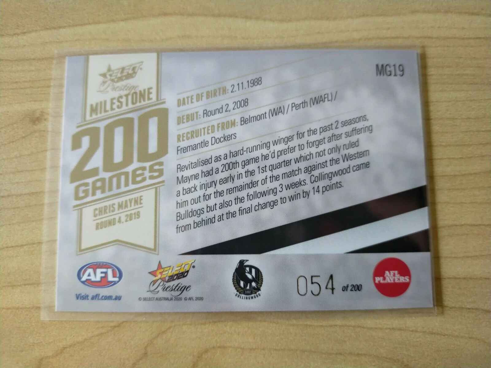2020 Select Prestige Milestones Chris Mayne Collingwood No. 054/200 - Image 2