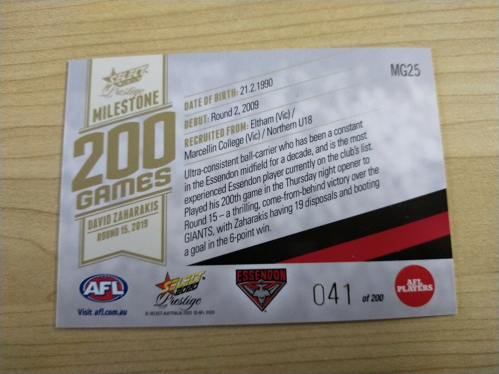 2020 Select Prestige Milestones David Zaharakis Essendon No.041/200 - Image 2