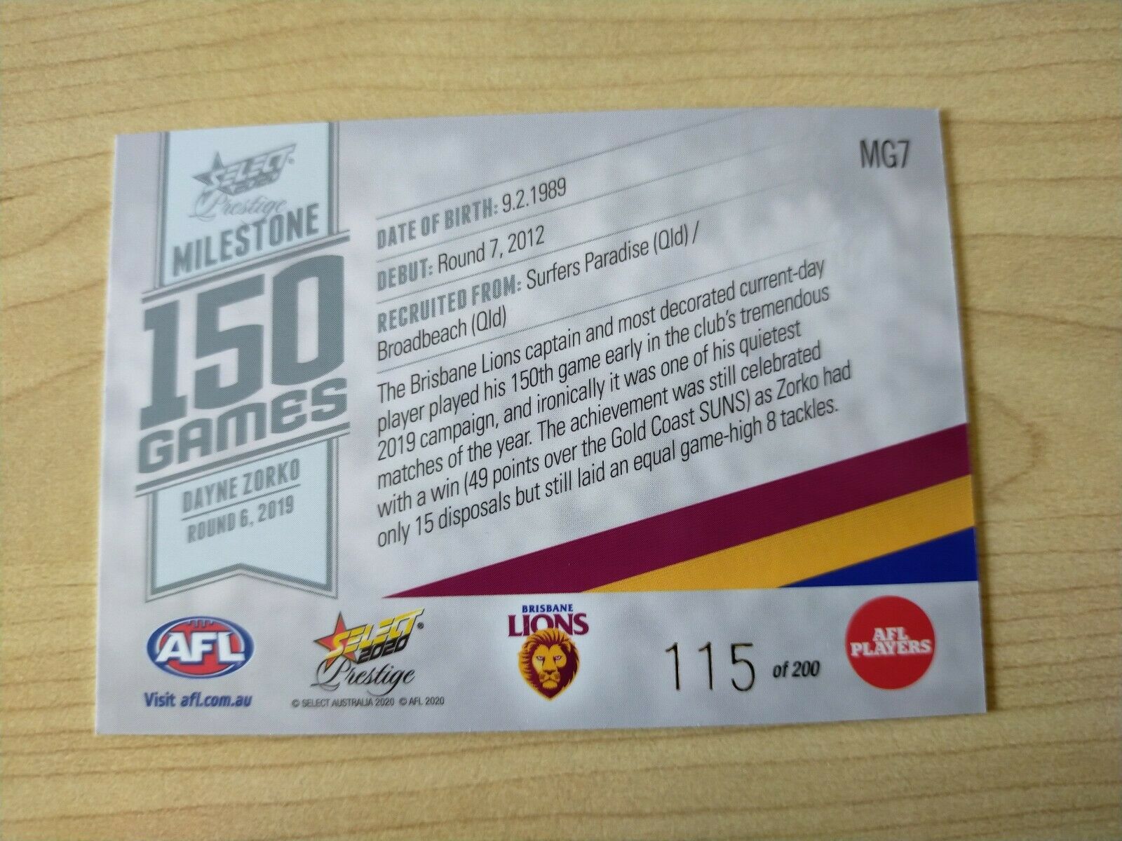 2020 Select Prestige Milestones Dayne Zorko Brisbane No. 115/200 - Image 2