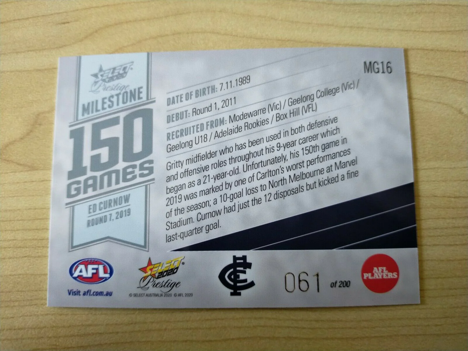 2020 Select Prestige Milestones Ed Curnow Carlton No. 061/200 - Image 2