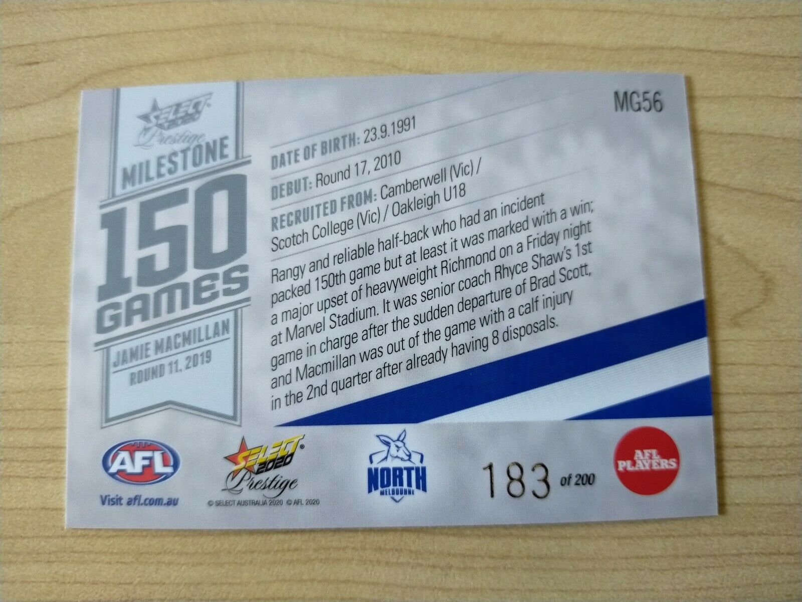 2020 Select Prestige Milestones Jamie Macmillan North Melbourne No. 183/200 - Image 2
