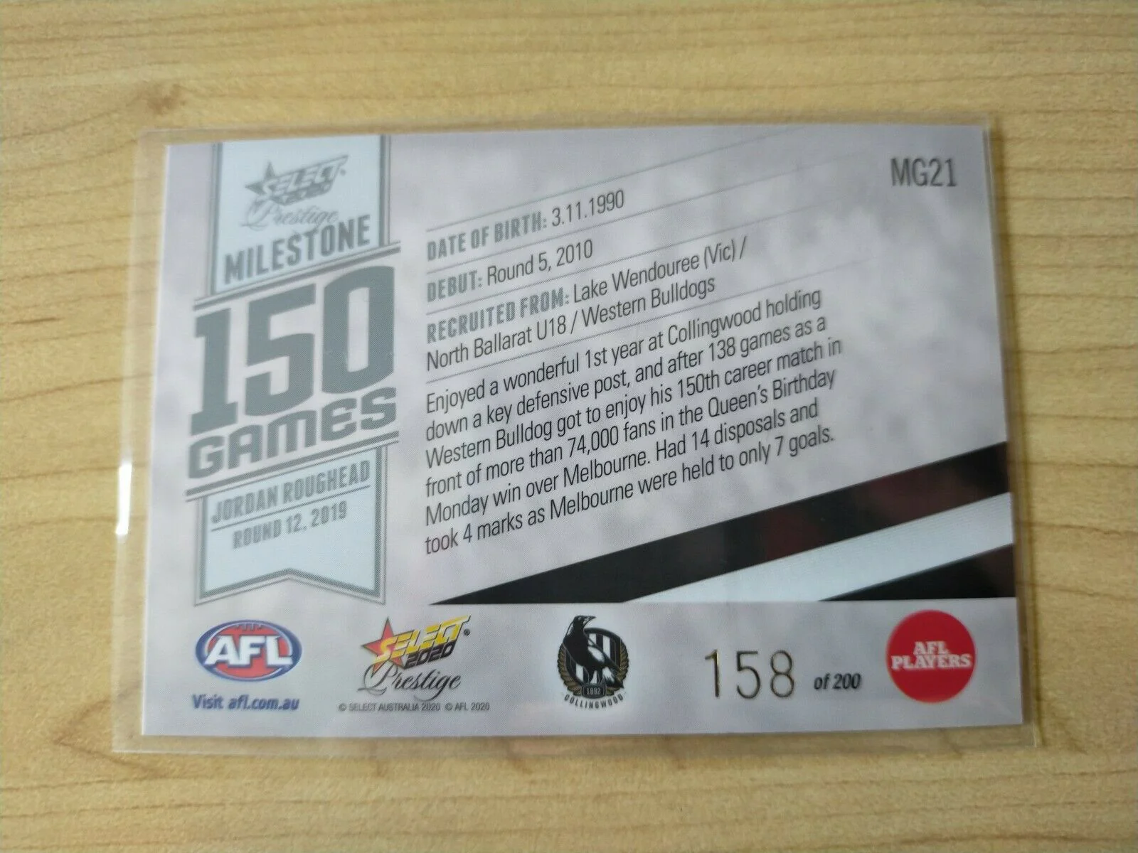 2020 Select Prestige Milestones Jordan Roughead Collingwood No. 158/200 - Image 2