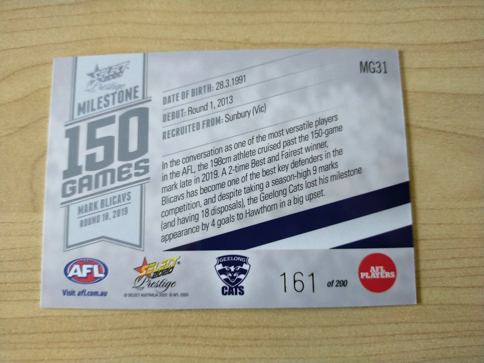 2020 Select Prestige Milestones Mark Blicavs Geelong No. 161/200 - Image 2