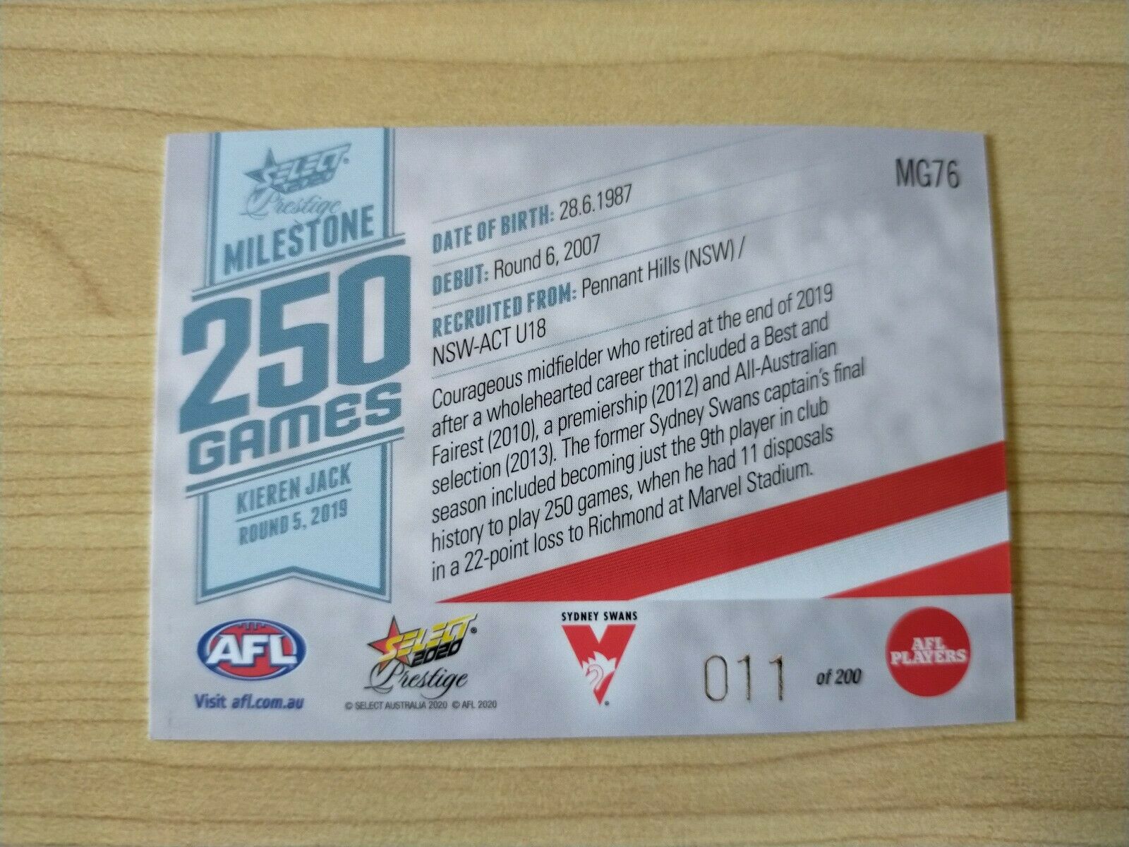 2020 Select Prestige Milestones Sydney Kieren Jack No. 011/200 - Image 2