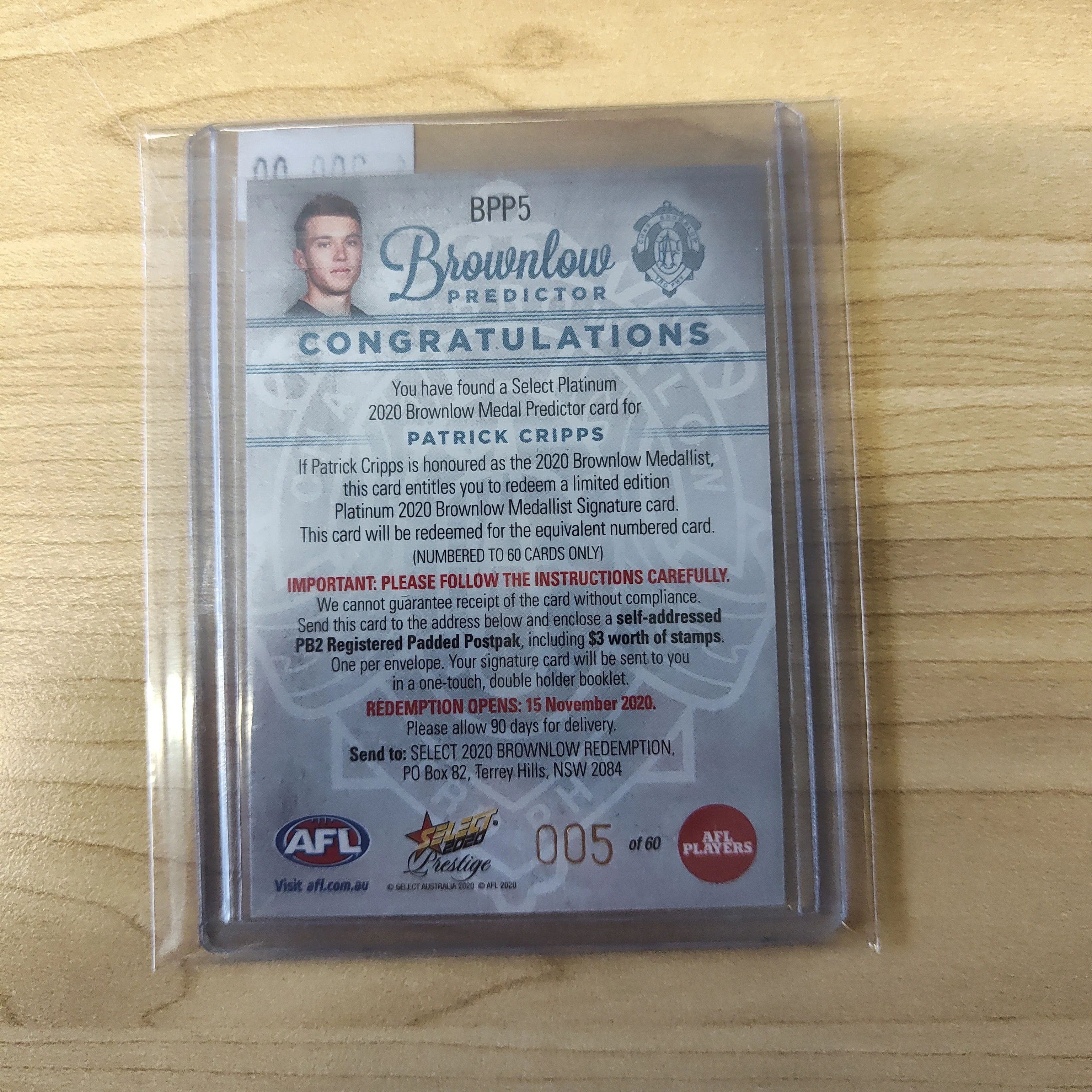 2020 Select Prestige Platinum Brownlow Predictor Patrick Cripps Carlton LOW NUMBER No. 005/60 - Image 2