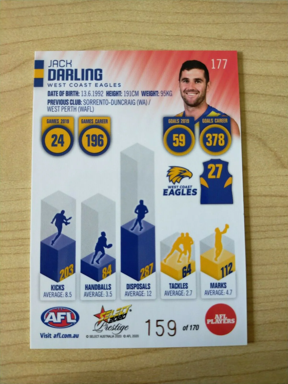 2020 Select Prestige Red Parallel Jack Darling West Coast No. 159/170 - Image 2