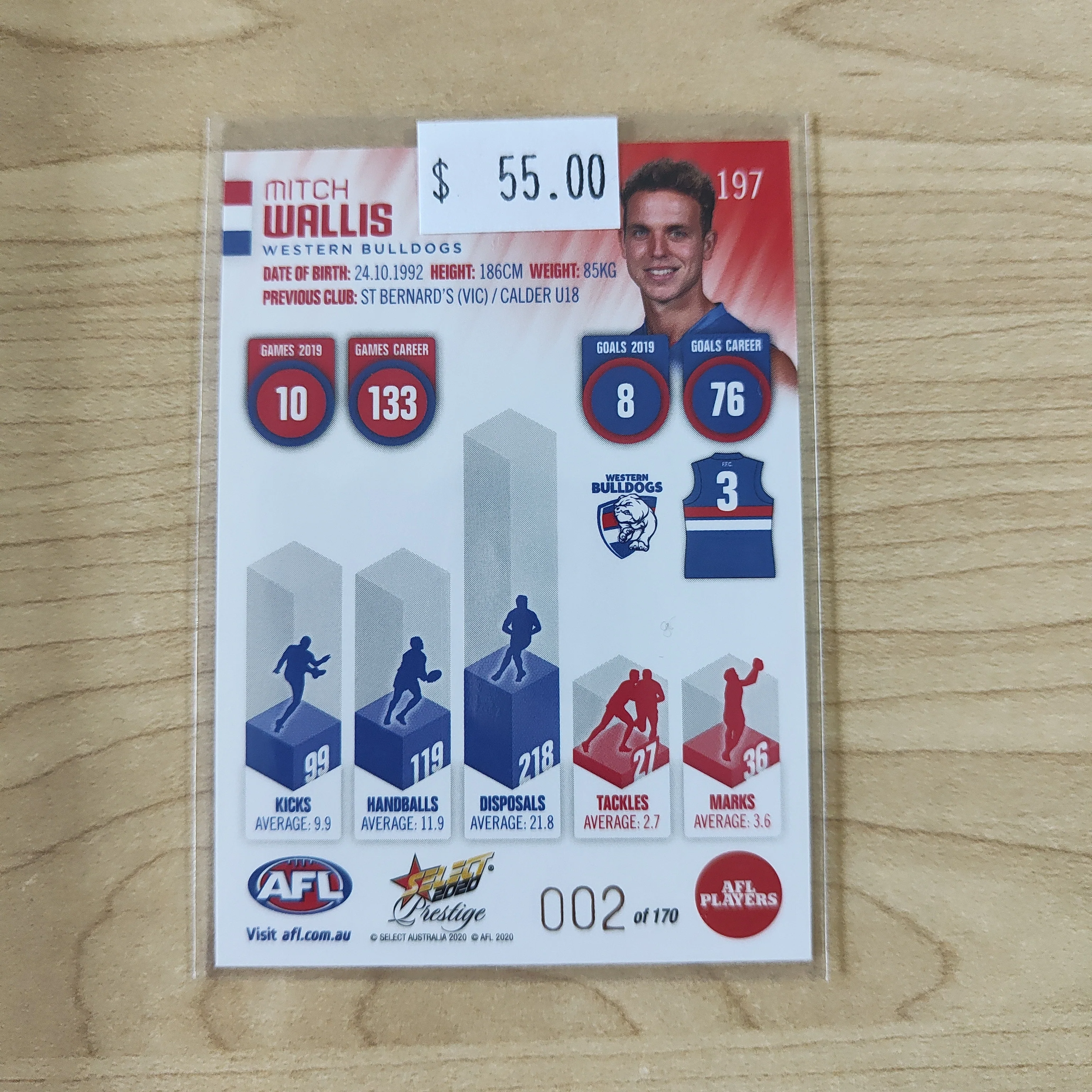 2020 Select Prestige Red Parallel Mitch Wallis Western Bulldogs LOW NUMBER No.002/170 - Image 2