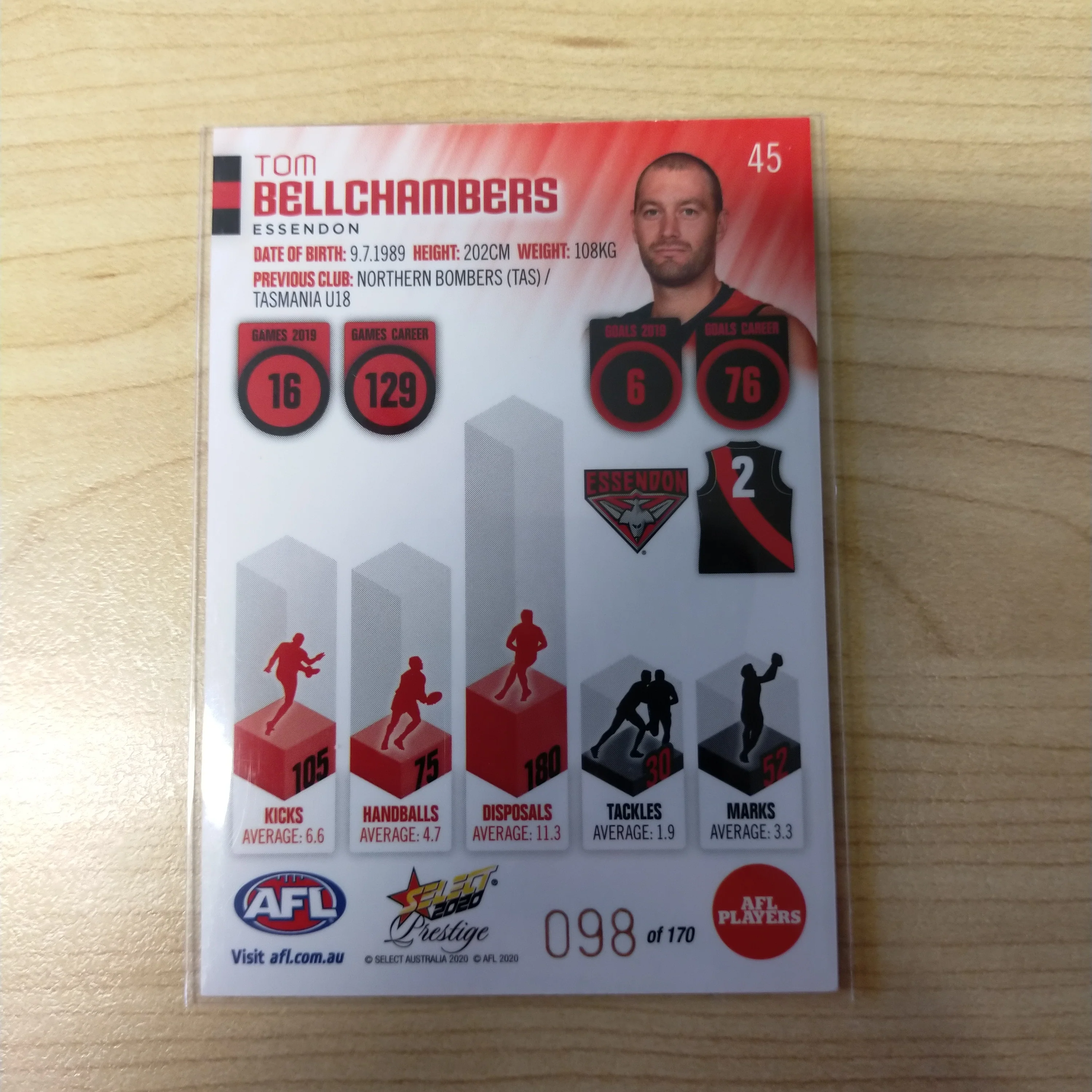 2020 Select Prestige Red Parallel Tom Bellchambers Essendon No.098/170 - Image 2