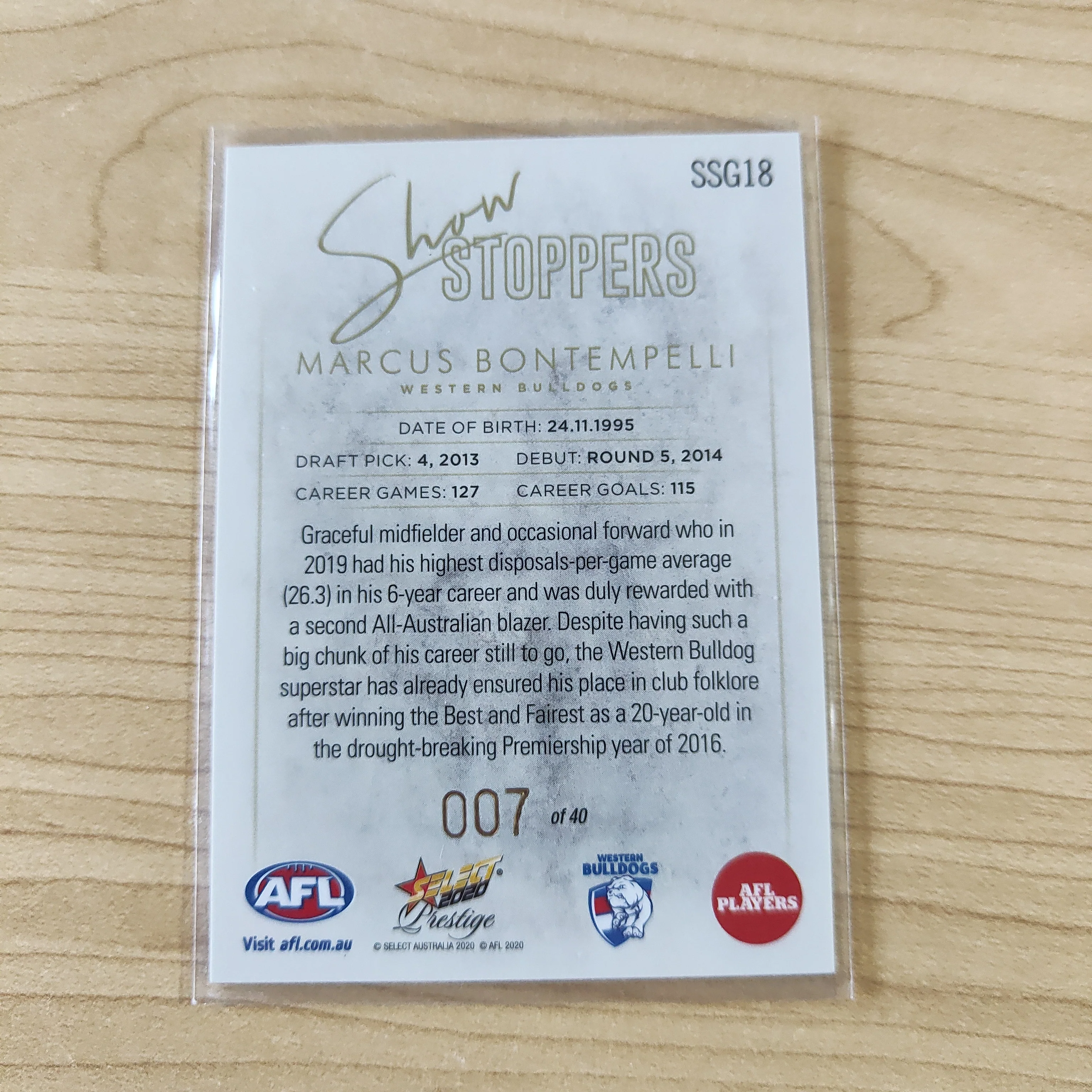 2020 Select Prestige Gold Show Stoppers Marcus Bontempelli Western Bulldogs LOW NUMBER No.007/40 - Image 2