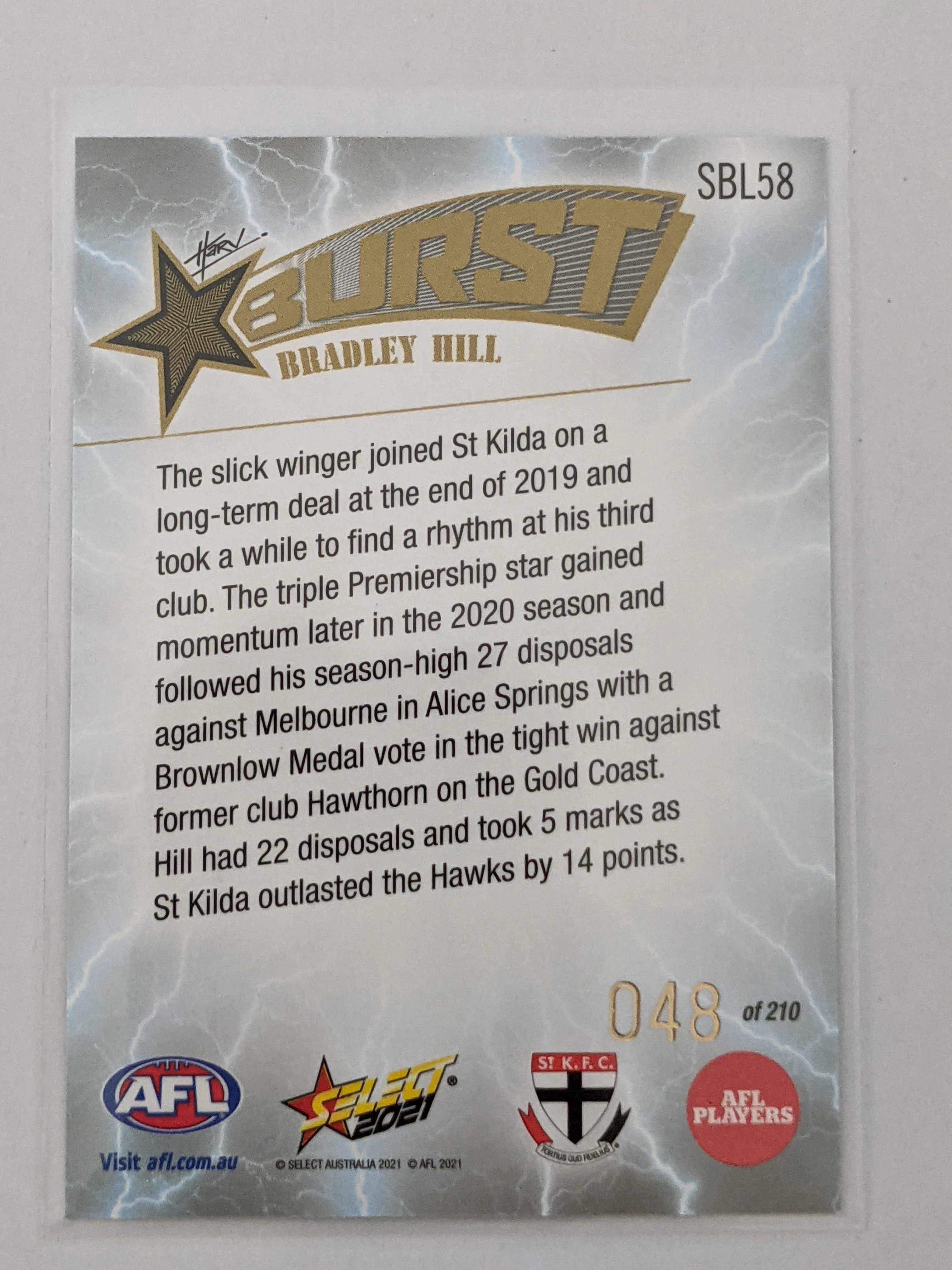 2021 AFL Footy Stars Lightning Burst Bradley Hill St Kilda 48/210 - Image 2