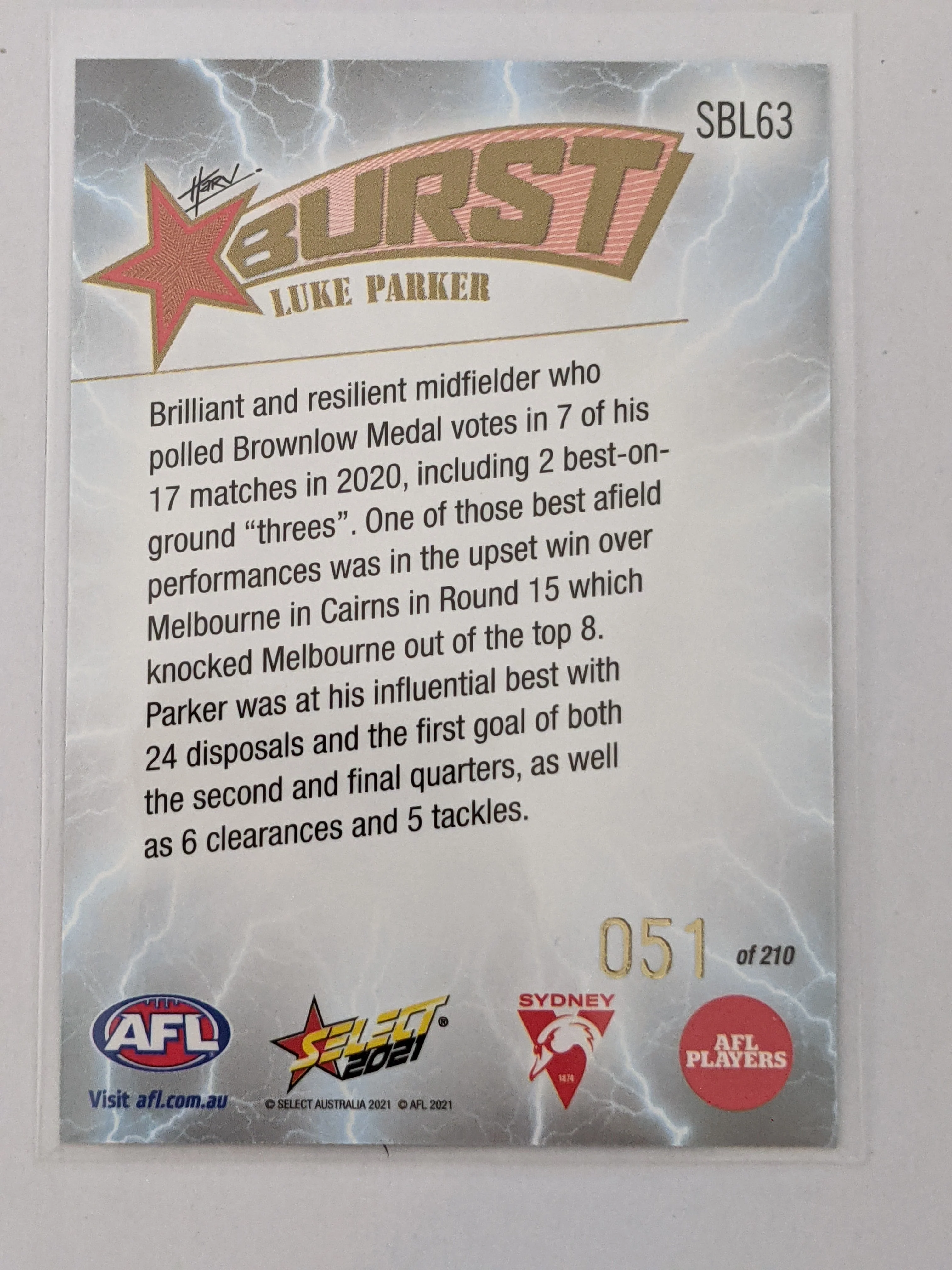 2021 AFL Footy Stars Lightning Burst Luke Parker Sydney 51/210 - Image 2