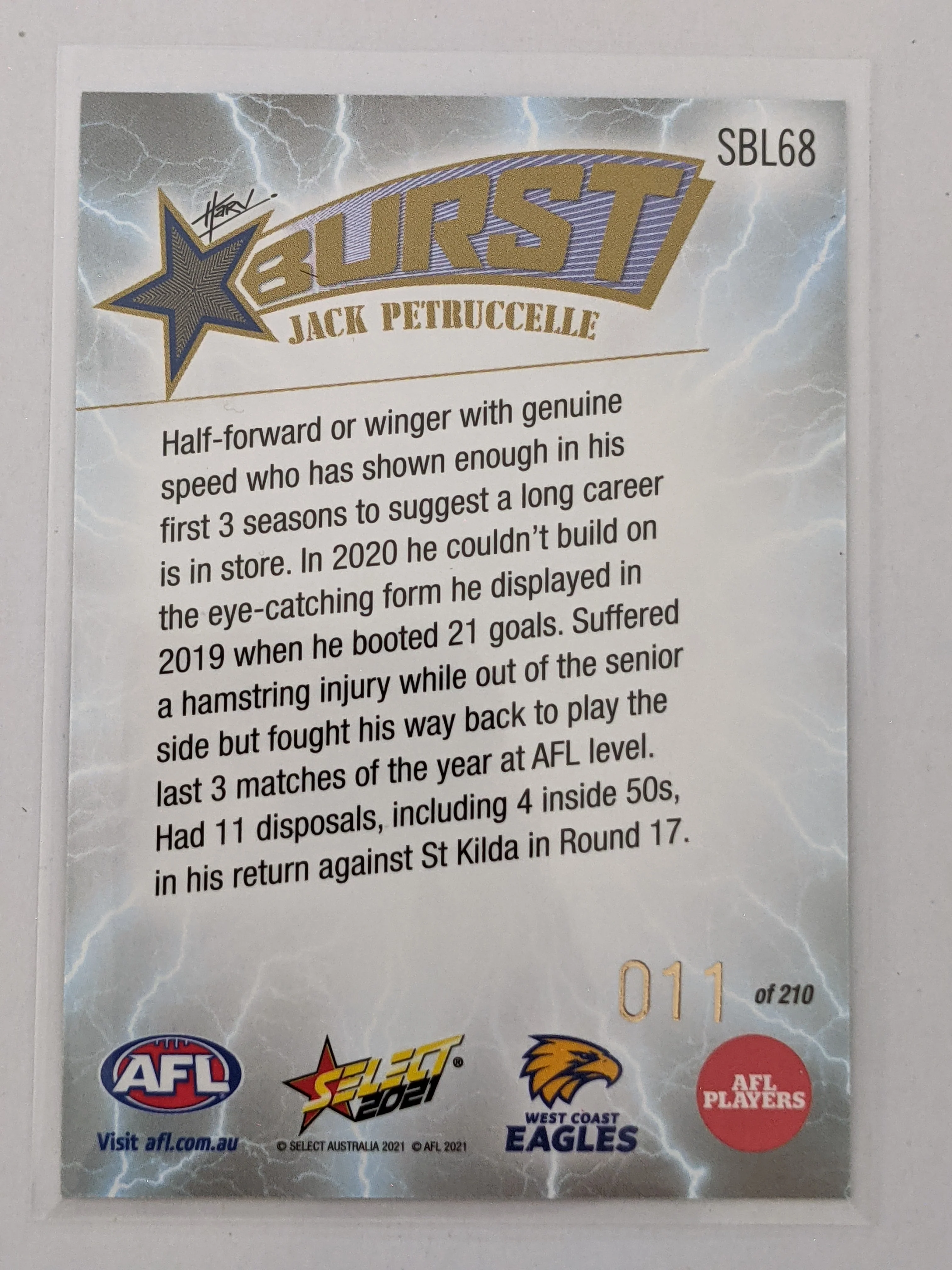2021 AFL Footy Stars Lightning Burst SBL68 Jake Petruccelle West Coast 11/210 - Image 2