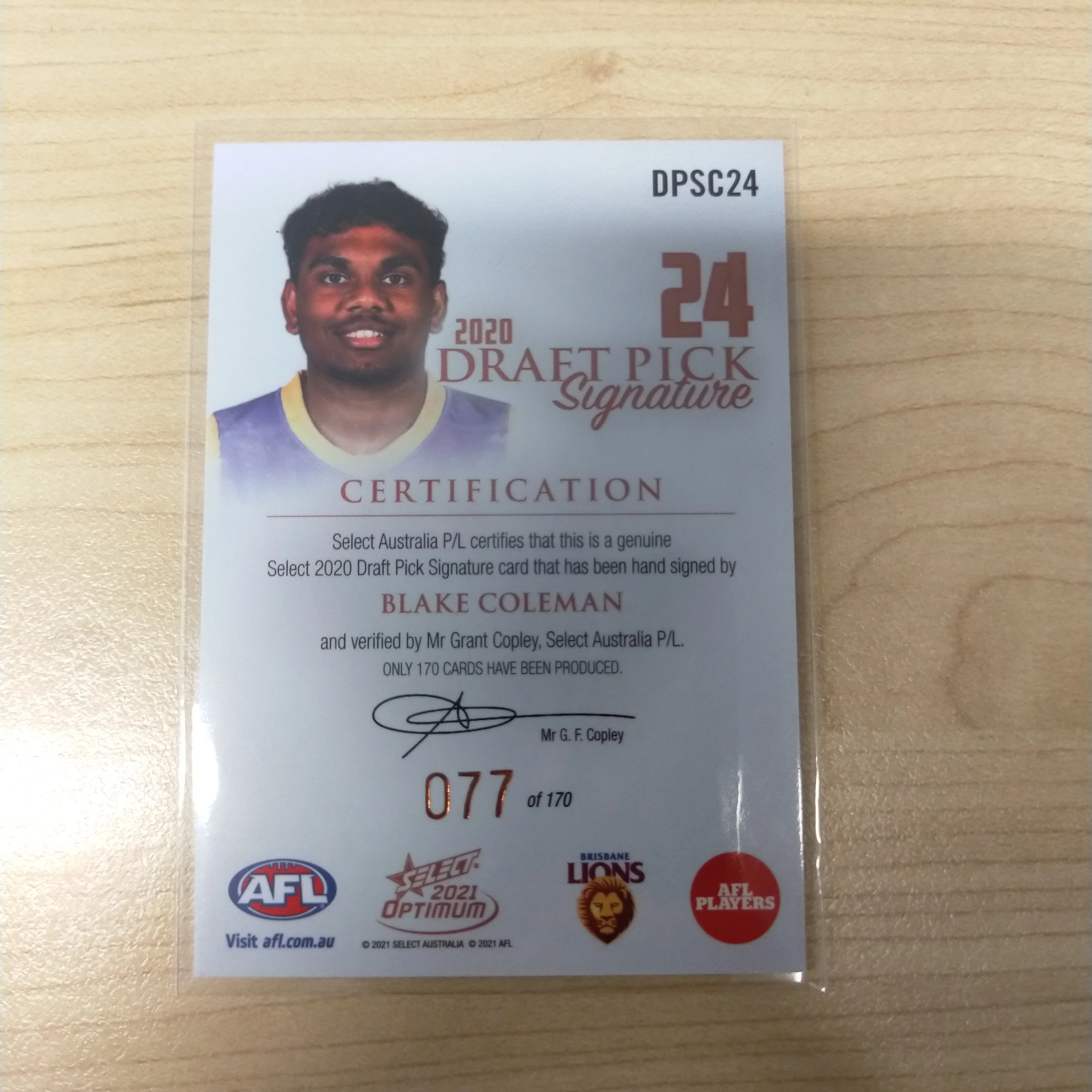 2021 AFL Optimum Copper Draft Pick Signature Blake Coleman Brisbane No.077/170 - Image 2