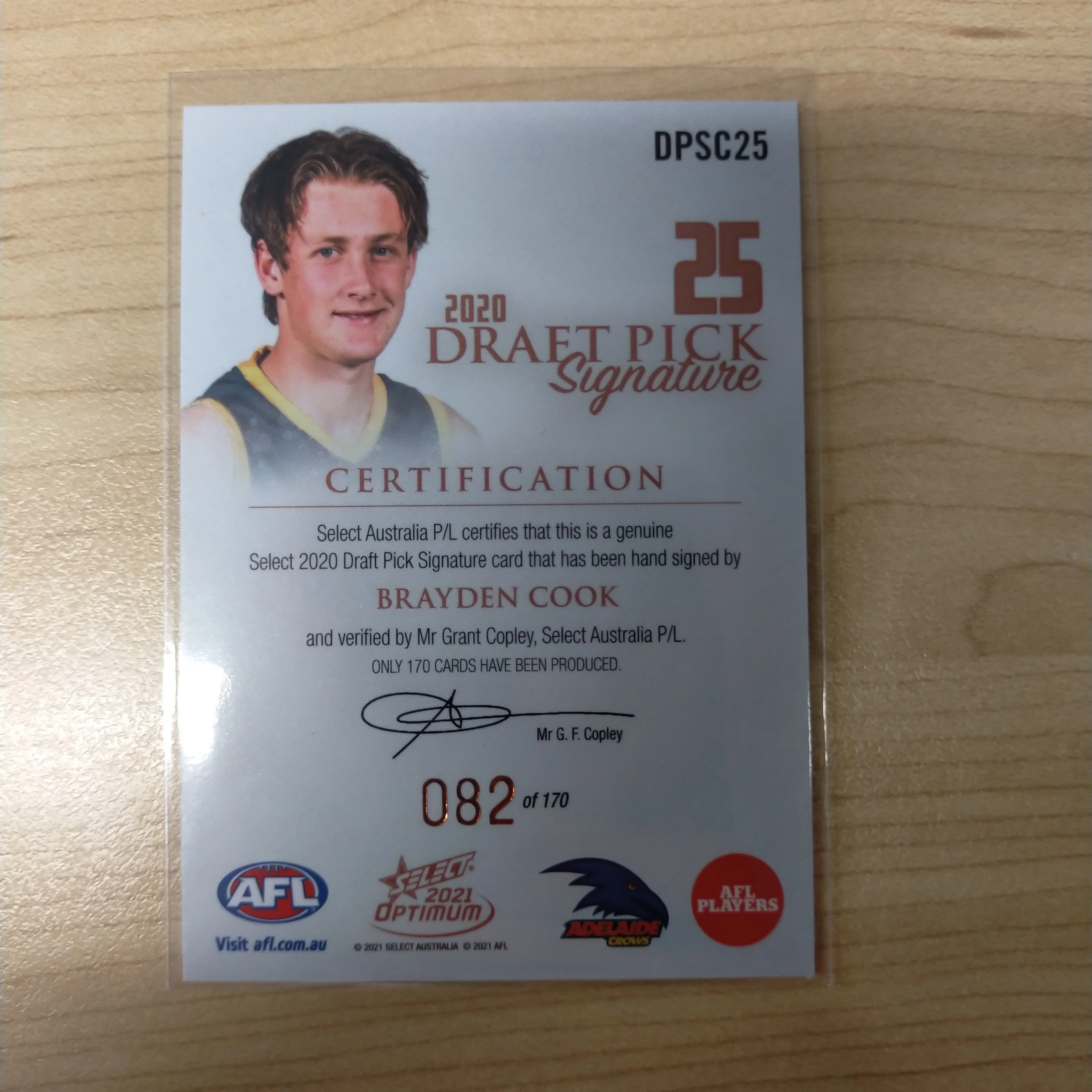 2021 AFL Optimum Copper Draft Pick Signature Brayden Cook Adelaide No.082/170 - Image 2