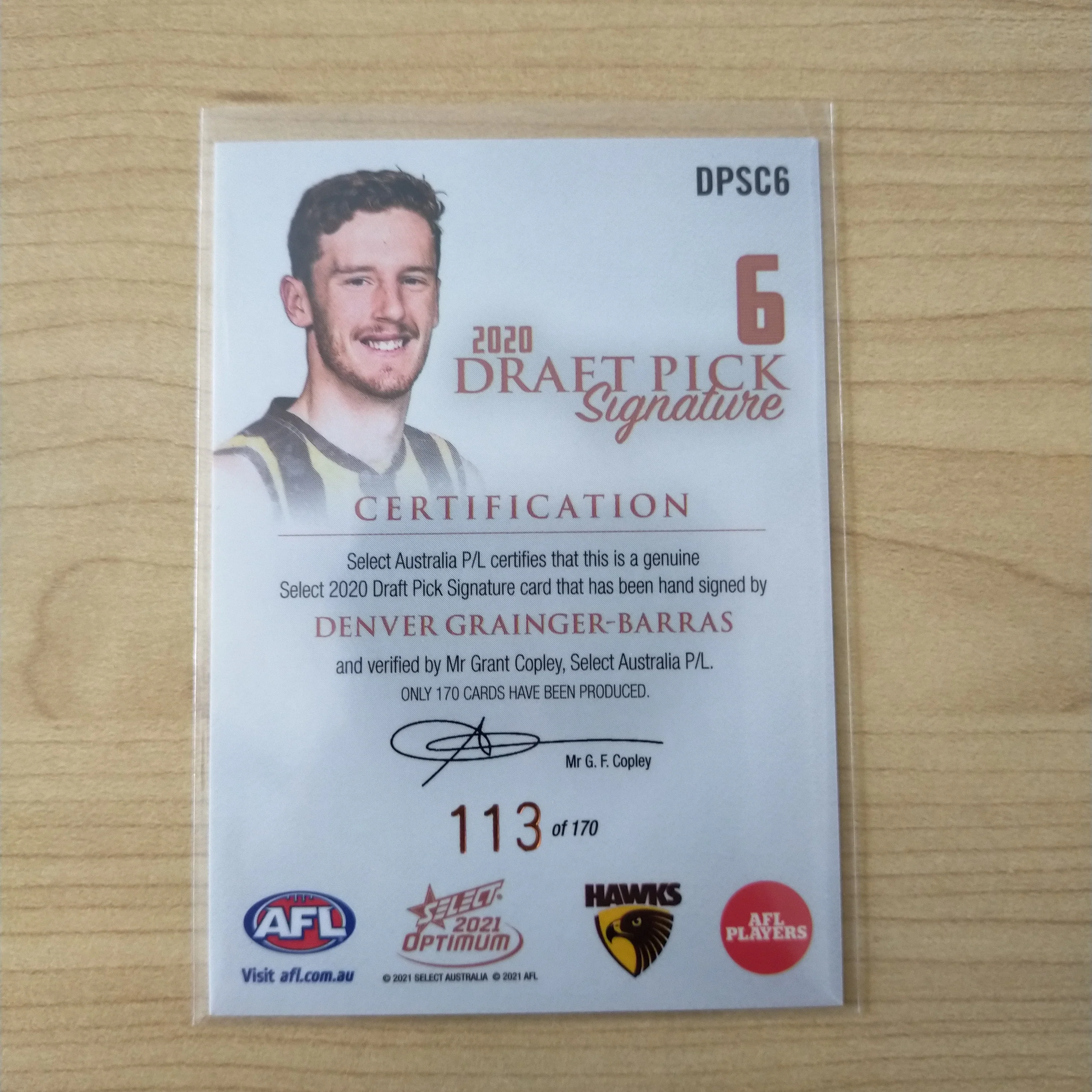 2021 AFL Optimum Copper Draft Pick Signature Denver Grainger-Barras No.113/170 - Image 2