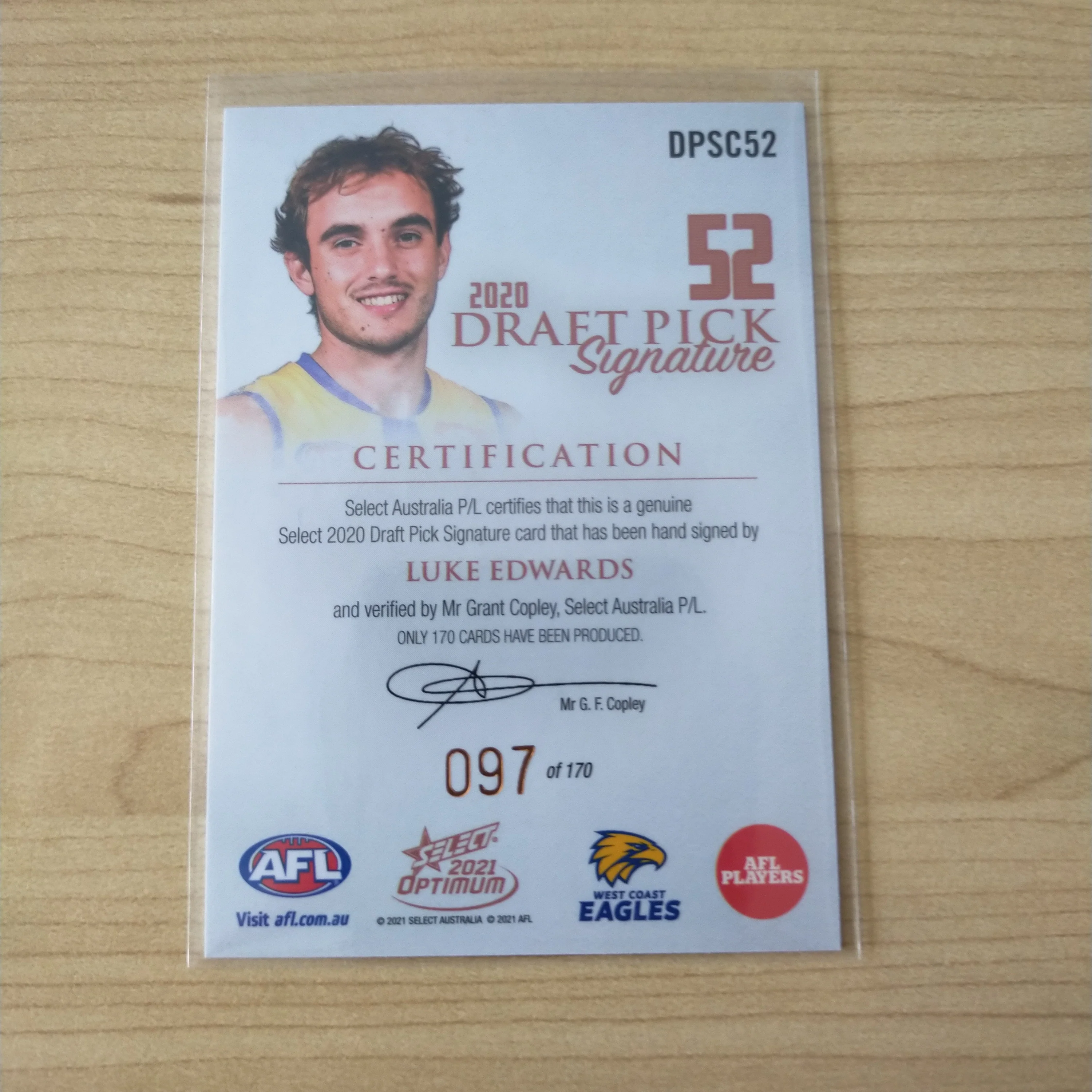 2021 AFL Optimum Copper Draft Pick Signature Luke Edwards No.097/170 - Image 2