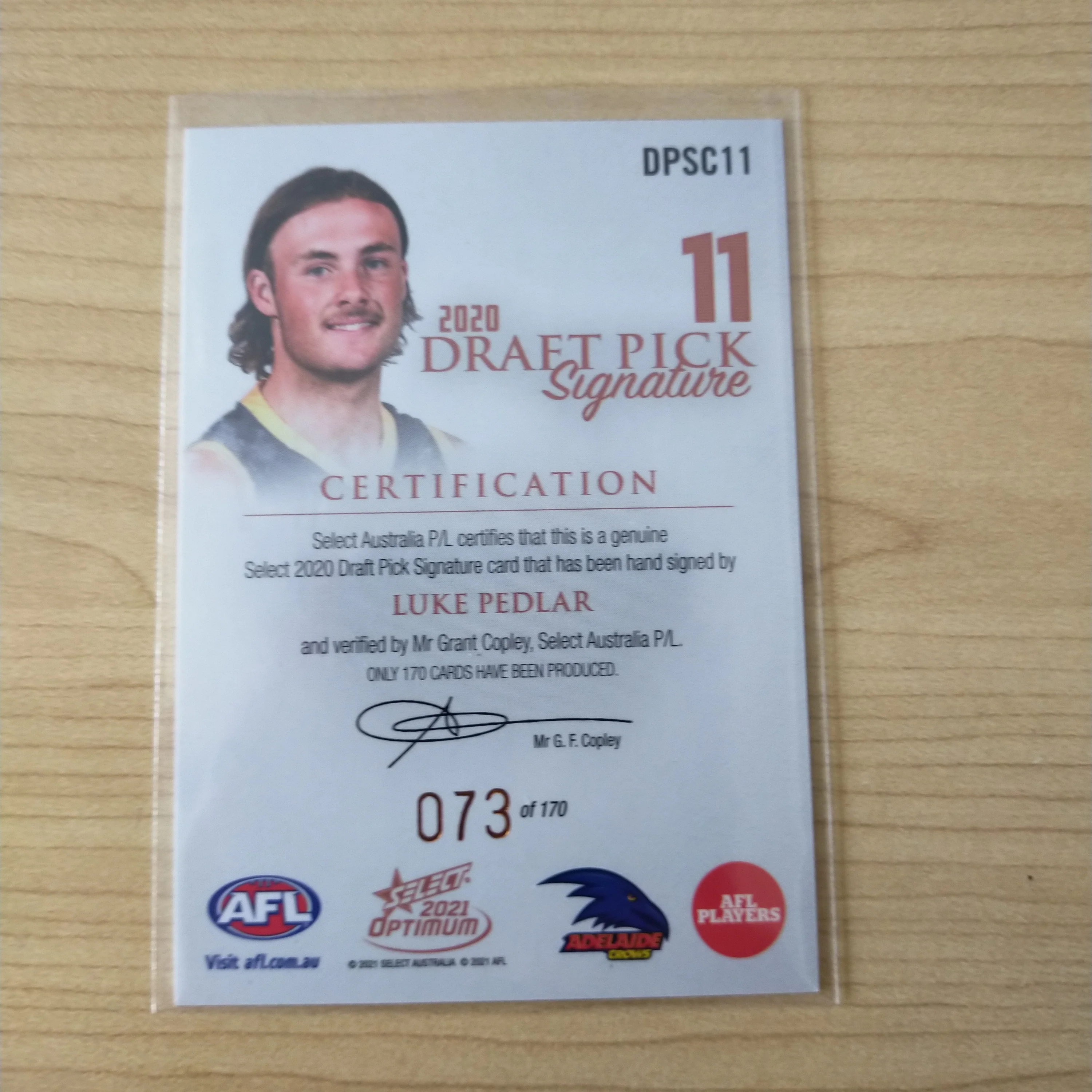 2021 AFL Optimum Copper Draft Pick Signature Luke Pedlar No.073/170 - Image 2