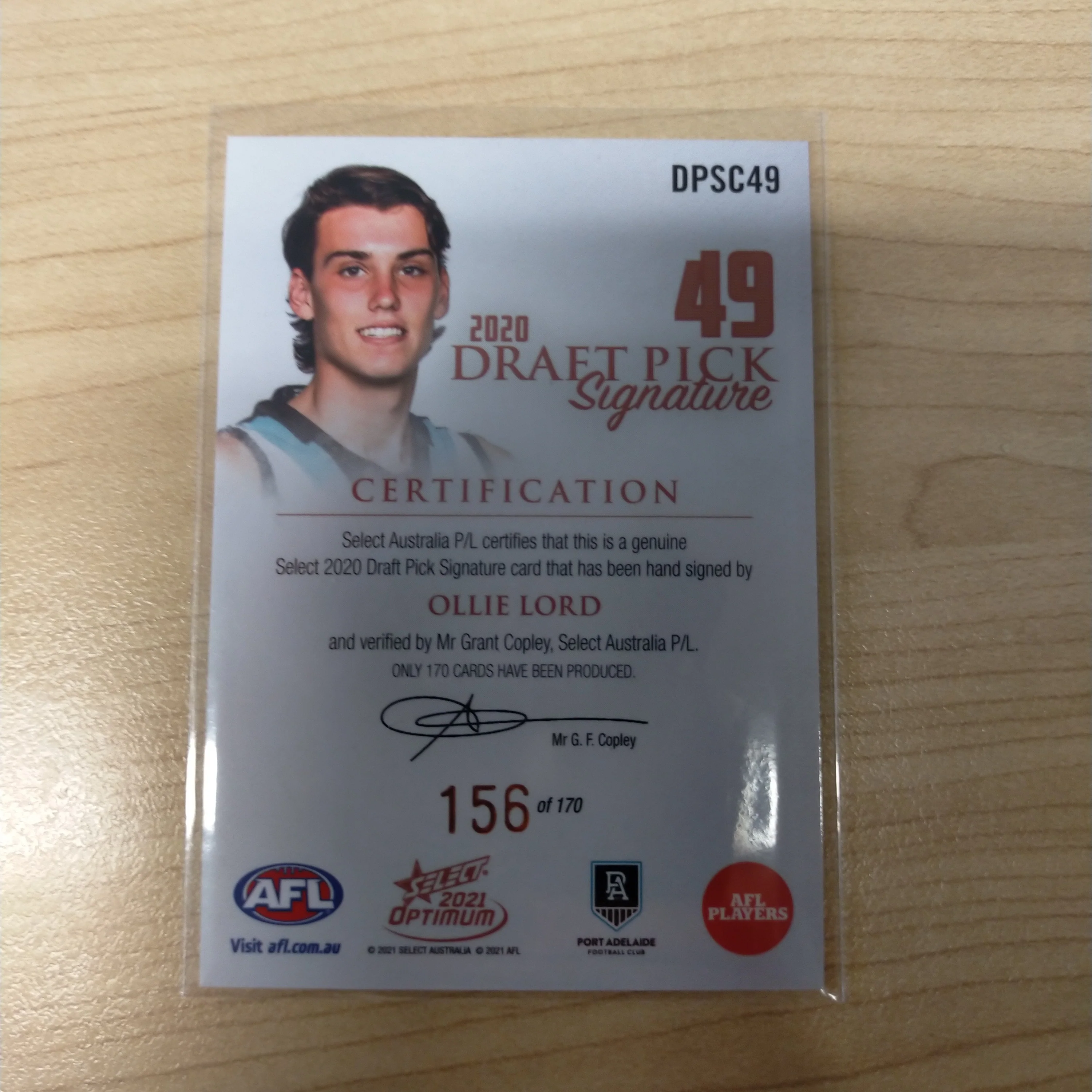 2021 AFL Optimum Copper Draft Pick Signature Ollie Lord Port Adelaide No.156/170 - Image 2