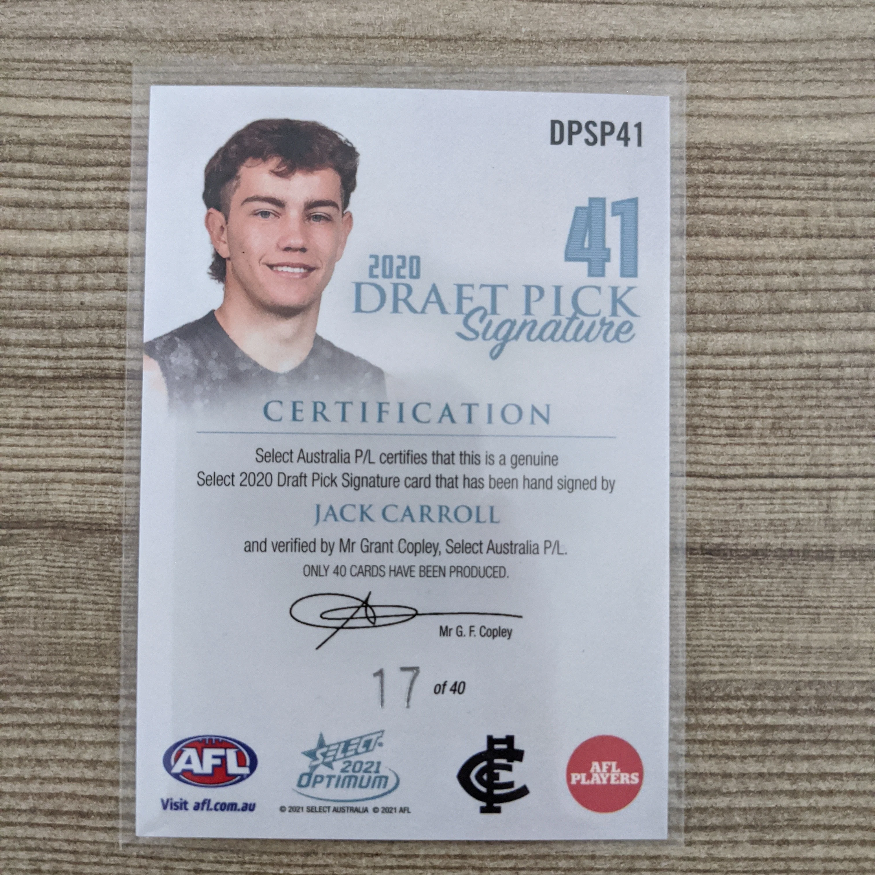 2021 AFL Optimum Draft Pick Signature Platinum Jack Carroll Carlton - Image 2
