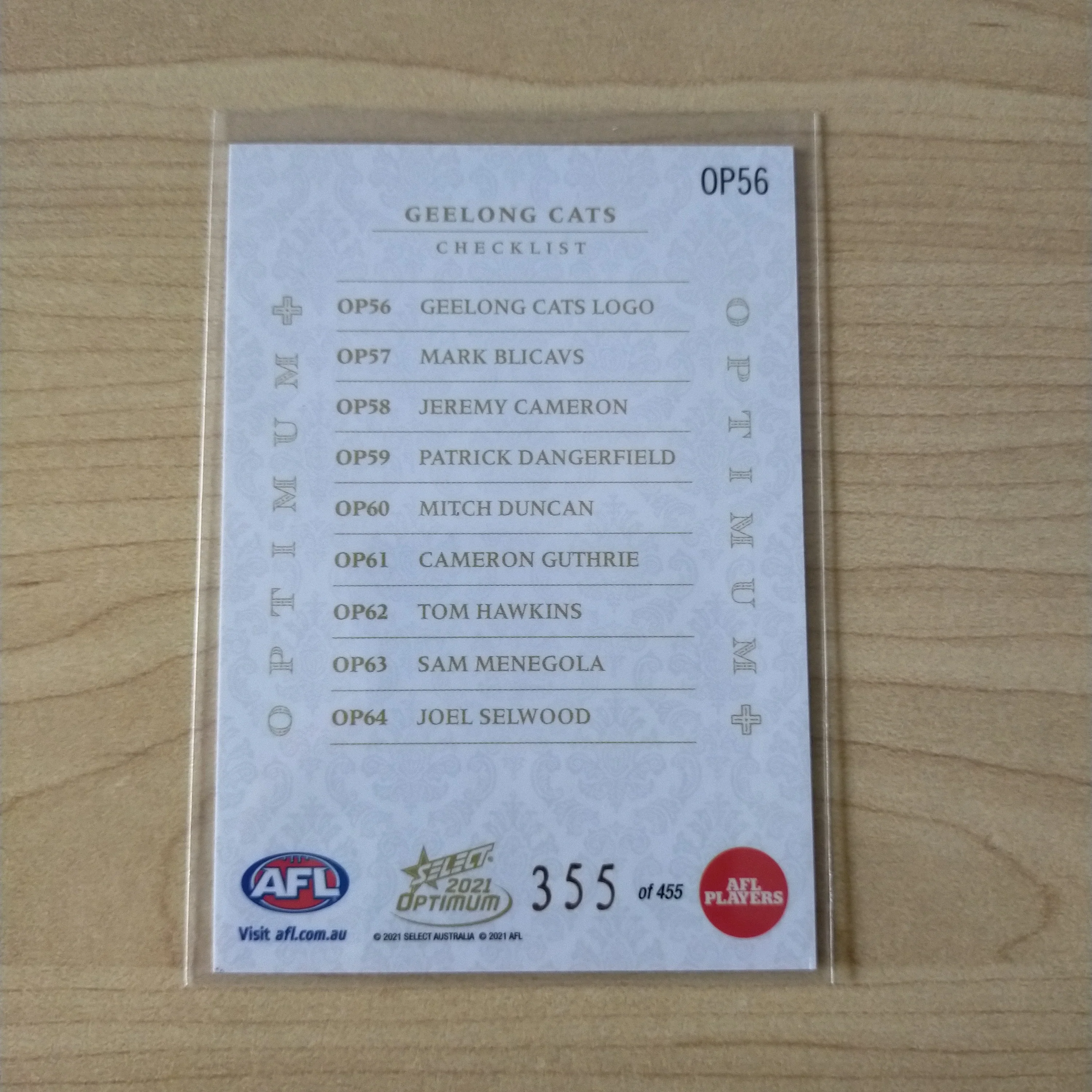 2021 AFL Optimum Plus Geelong Checklist No.355/455 - Image 2