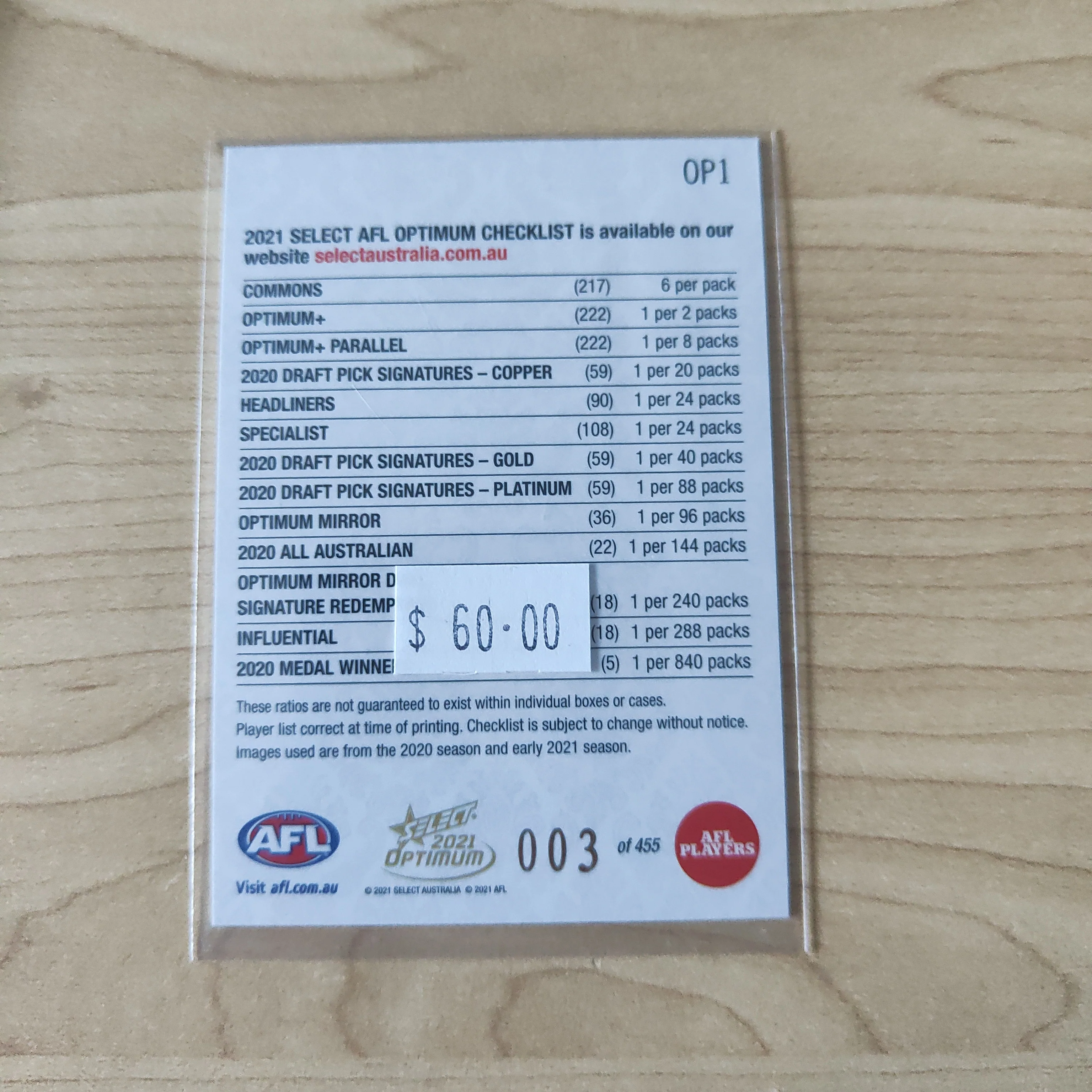 2021 AFL Optimum Plus Header Logo LOW NUMBER No.003/455 - Image 2