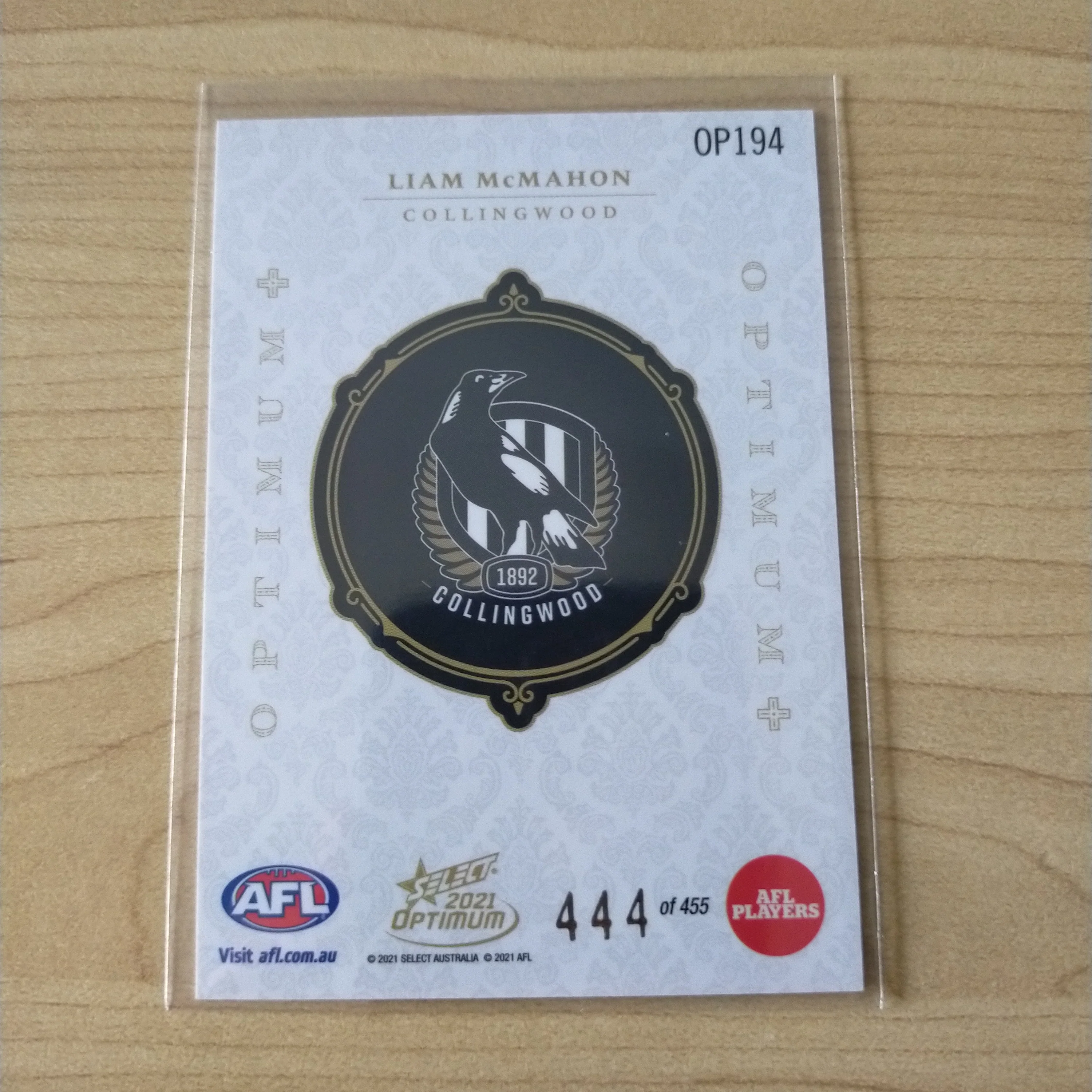 2021 AFL Optimum Plus Rookie Card Liam McMahon Collingwood No.444/455 - Image 2