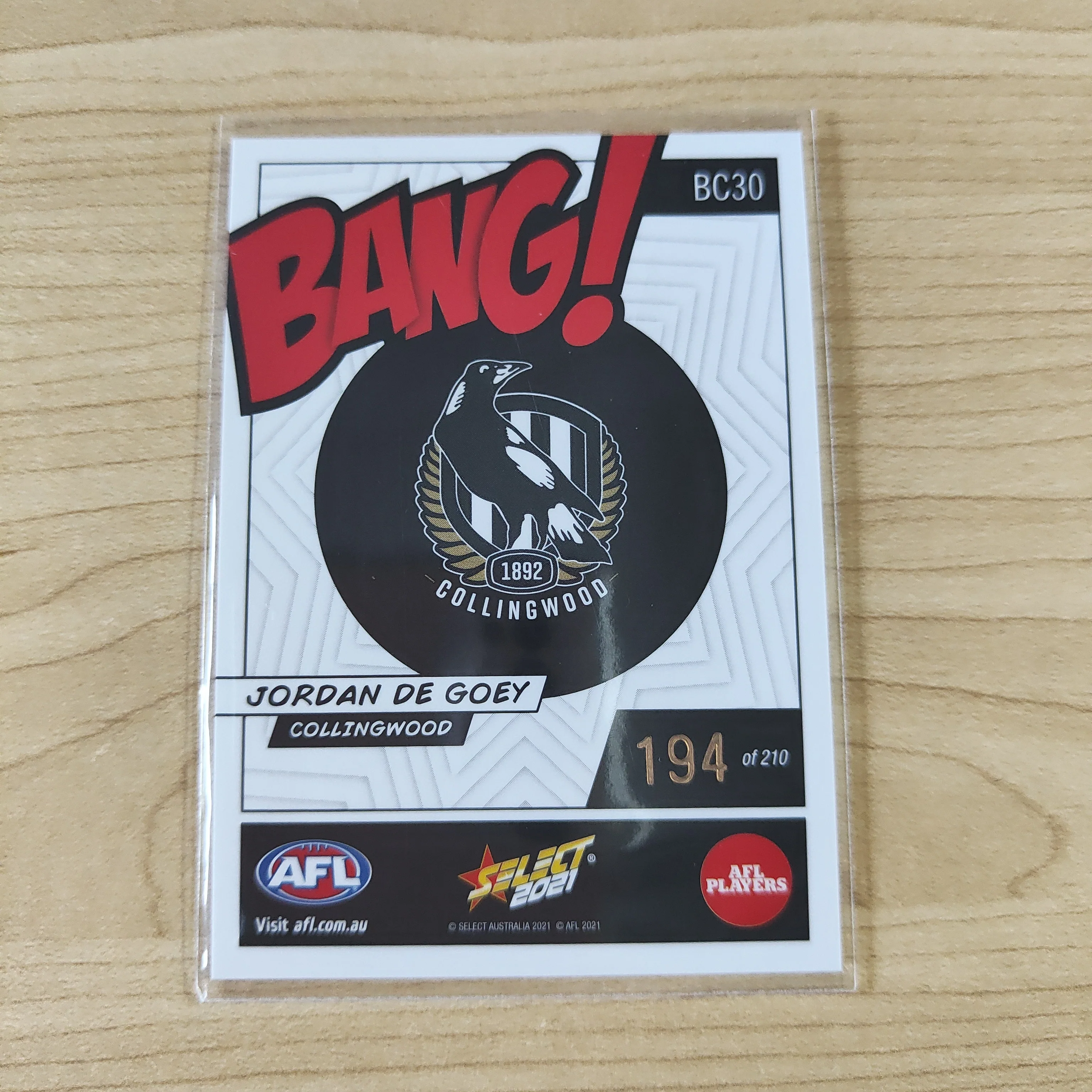 2021 AFL Select Bang Card Jordan De Goey Collingwood No.194/210 - Image 2