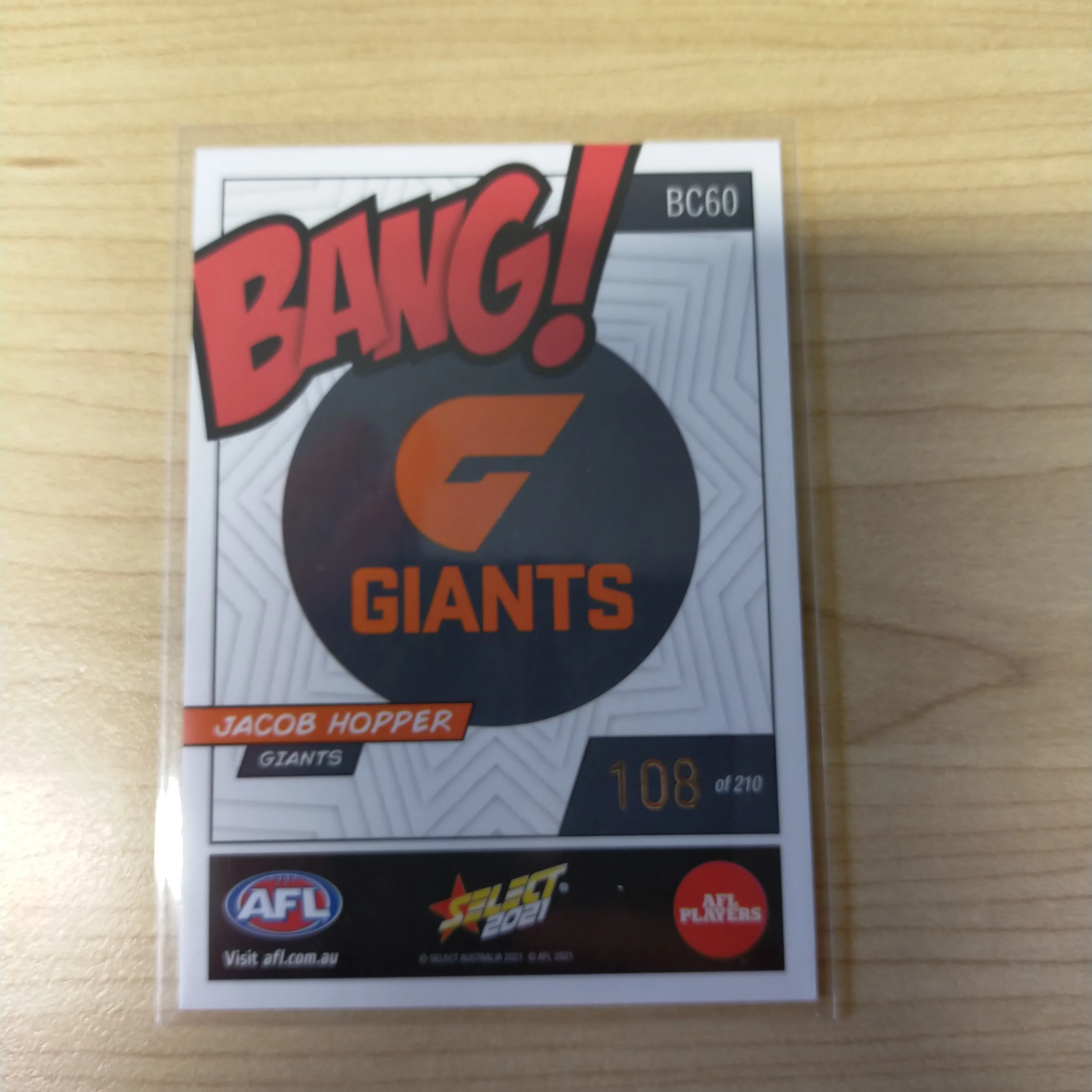 2021 AFL Select Footy Stars Bang Card Jacob Hopper GWS Giants No.108/210 - Image 2