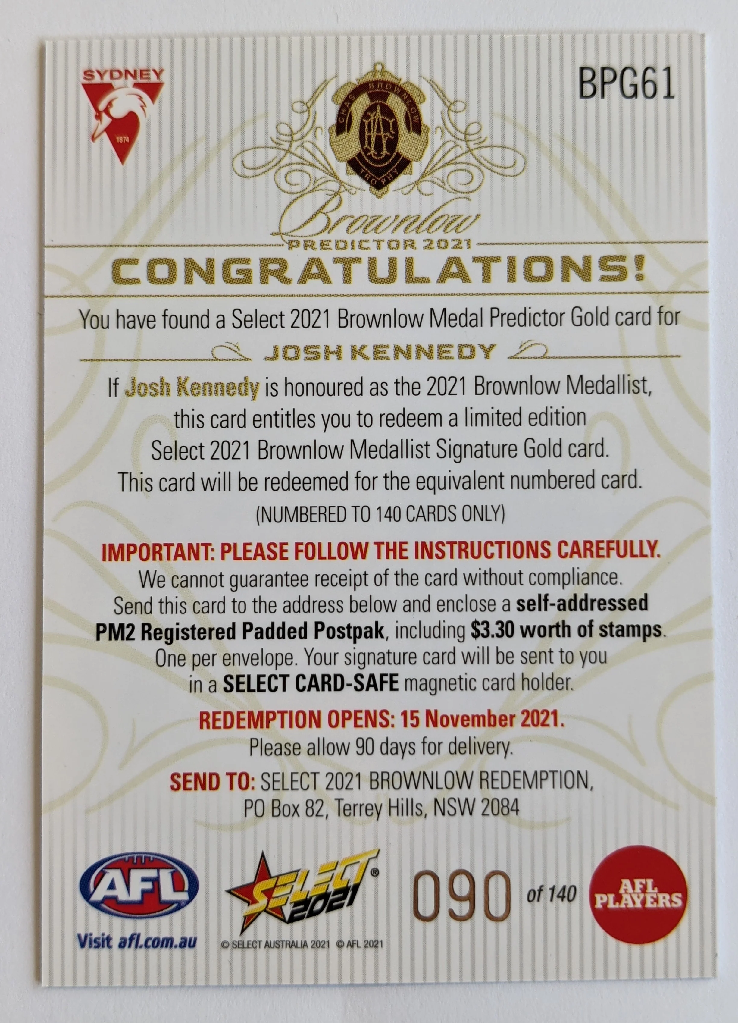 2021 AFL Select Footy Stars Brownlow Predictor Josh Kennedy Sydney 90/140 - Image 2