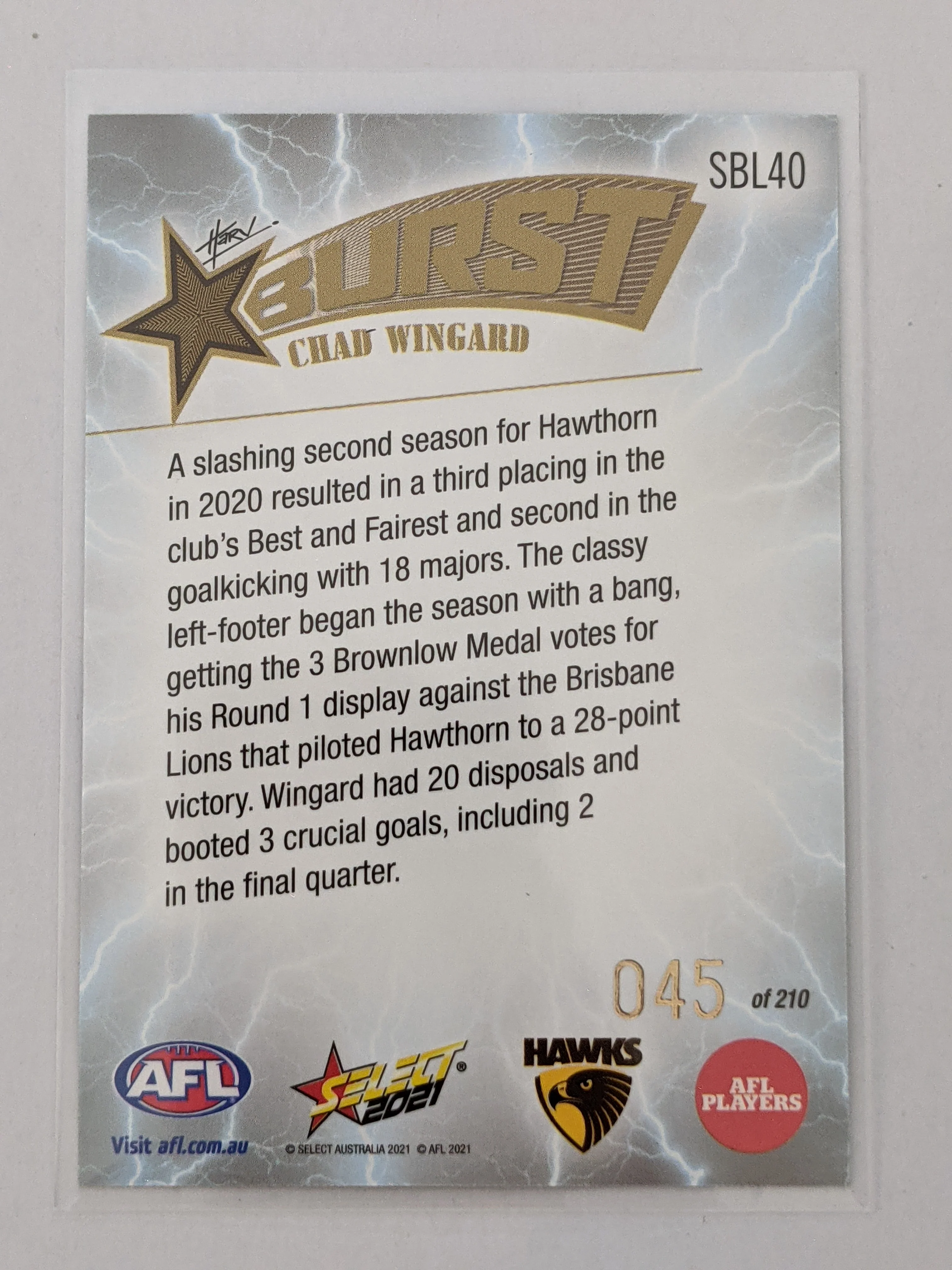 2021 AFL Select Footy Stars Lighting Burst Chad Wingard Hawthorn 45/210 - Image 2