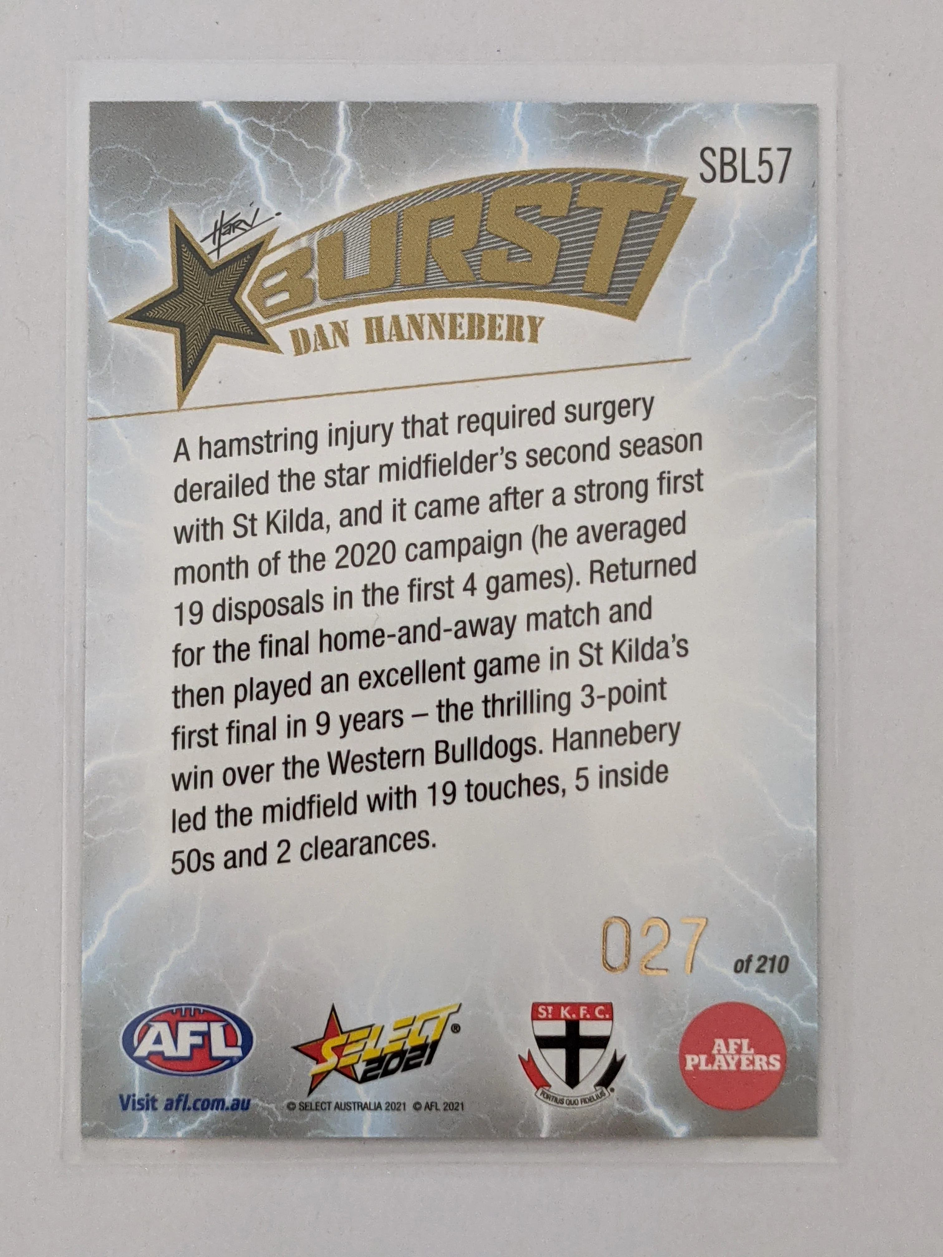2021 AFL Select Footy Stars Lightning Burst Dan Hannebery St Kilda 27/210 - Image 2