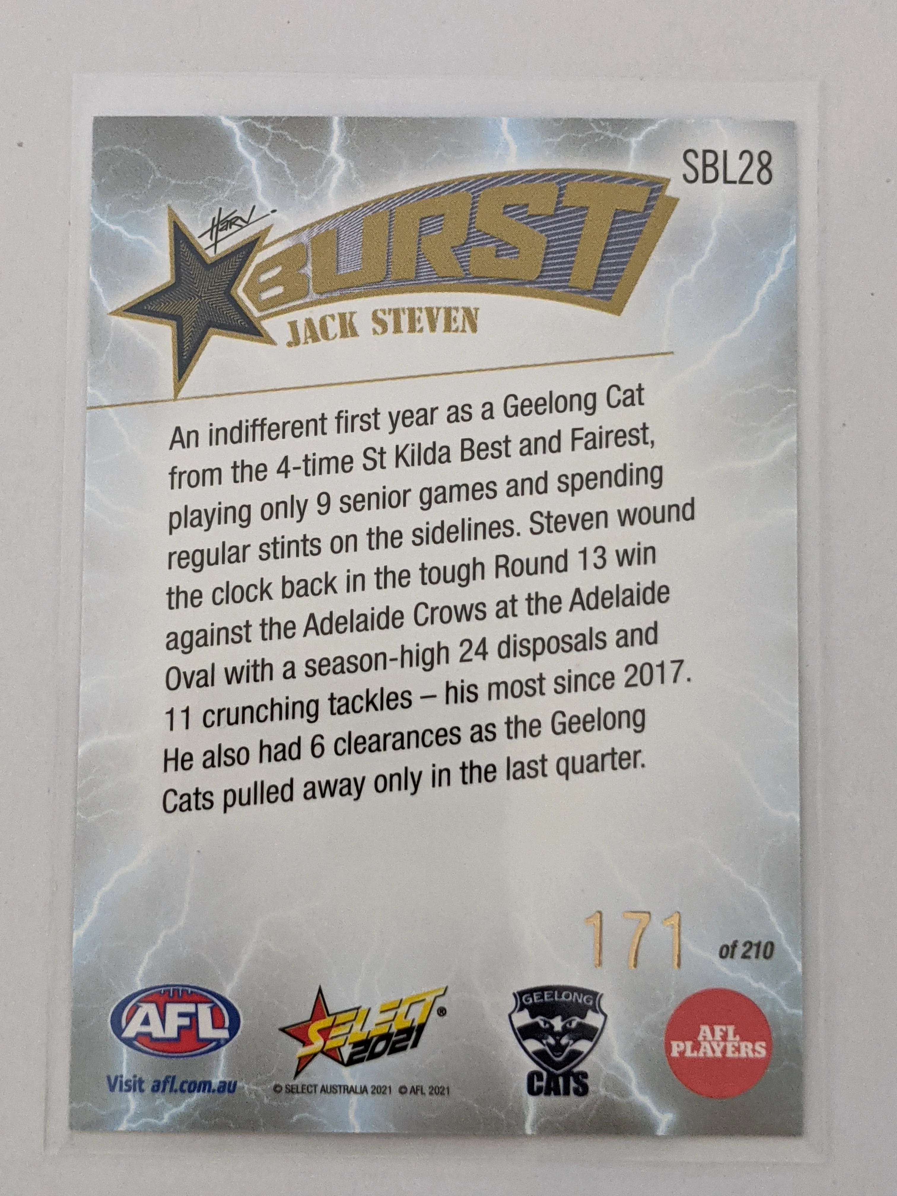 2021 AFL Select Footy Stars Lightning Burst Jack Steven Geelong 128/210 - Image 2