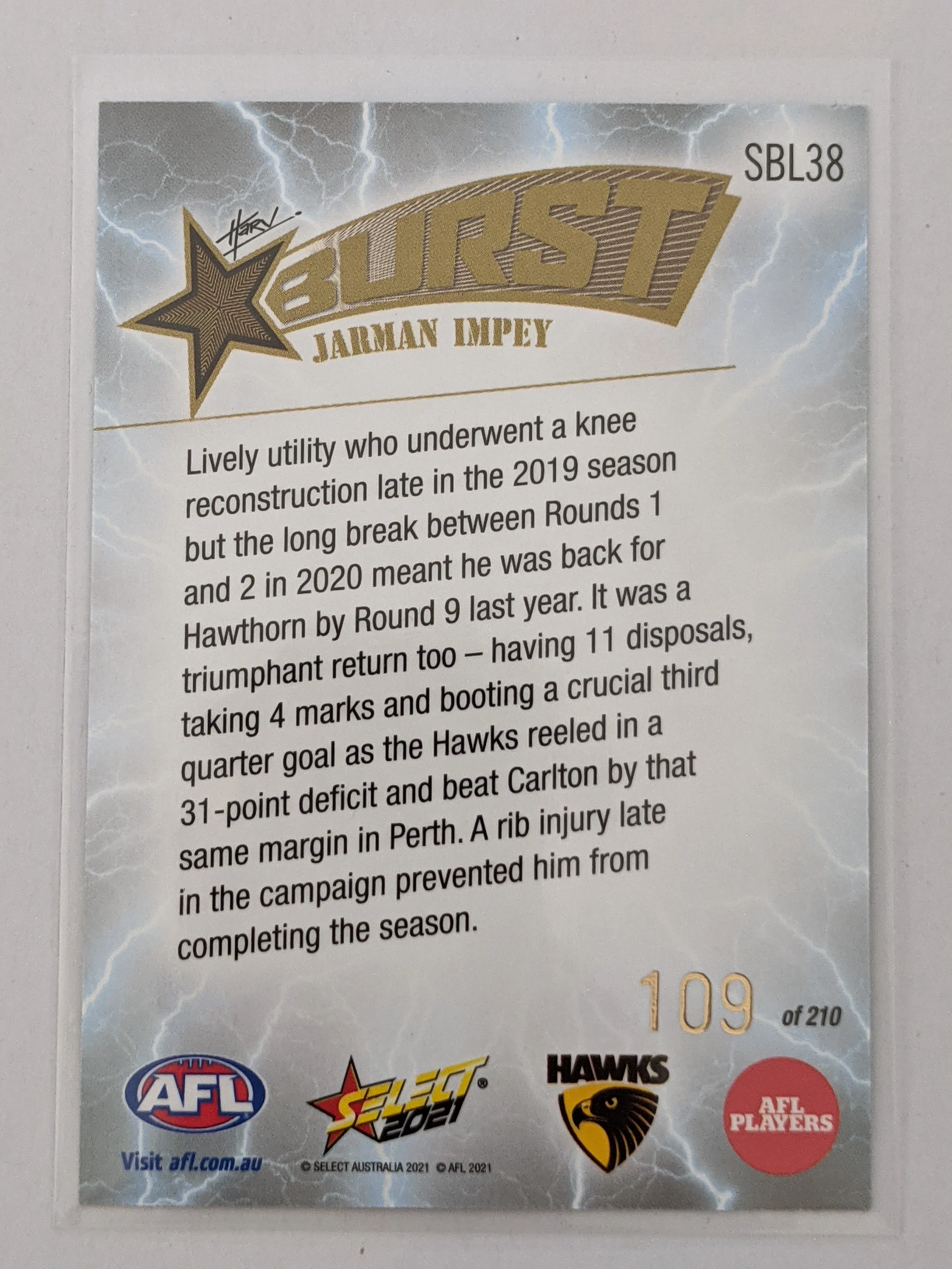 2021 AFL Select Footy Stars Lightning Burst Jarman Impey Hawthorn 109/210 - Image 2