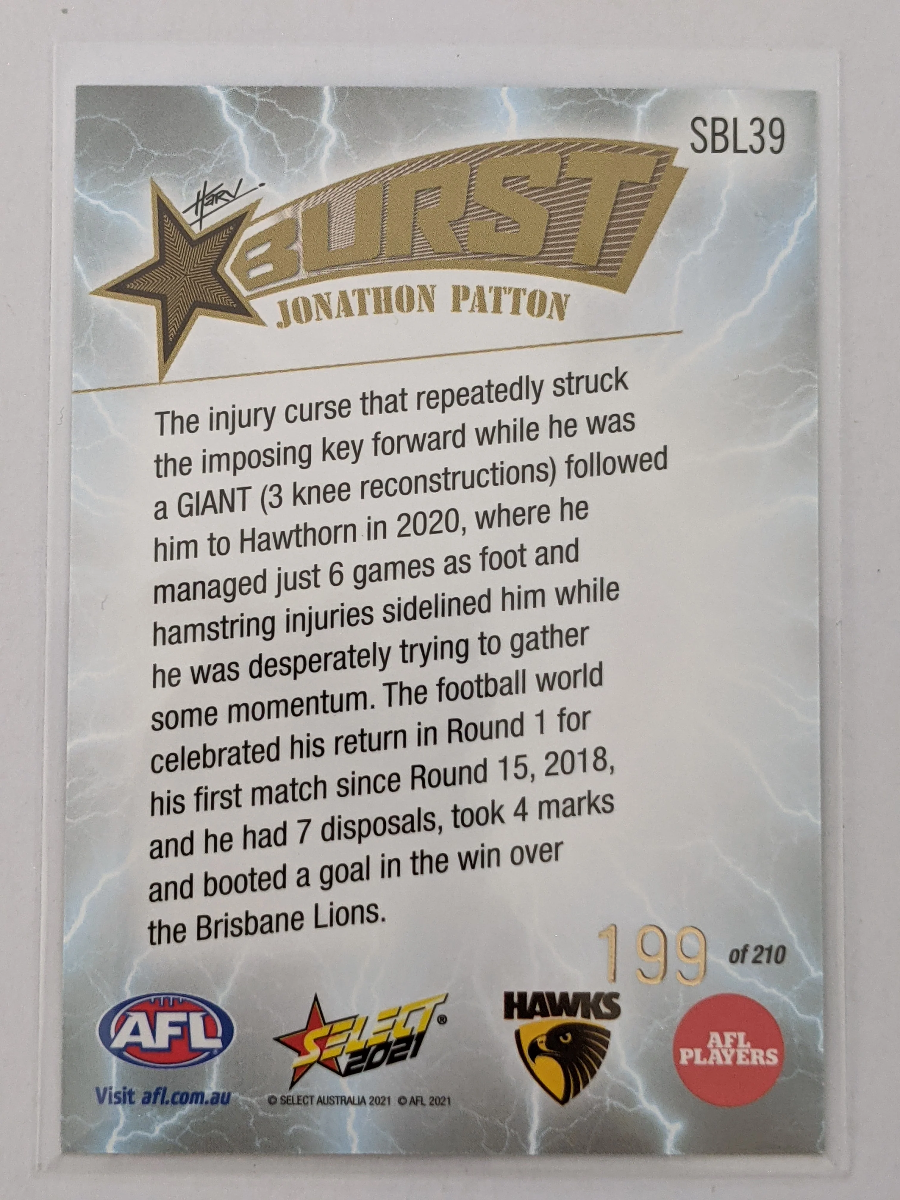2021 AFL Select Footy Stars Lightning Burst Jonathon Patton Hawthorn 199/210 - Image 2