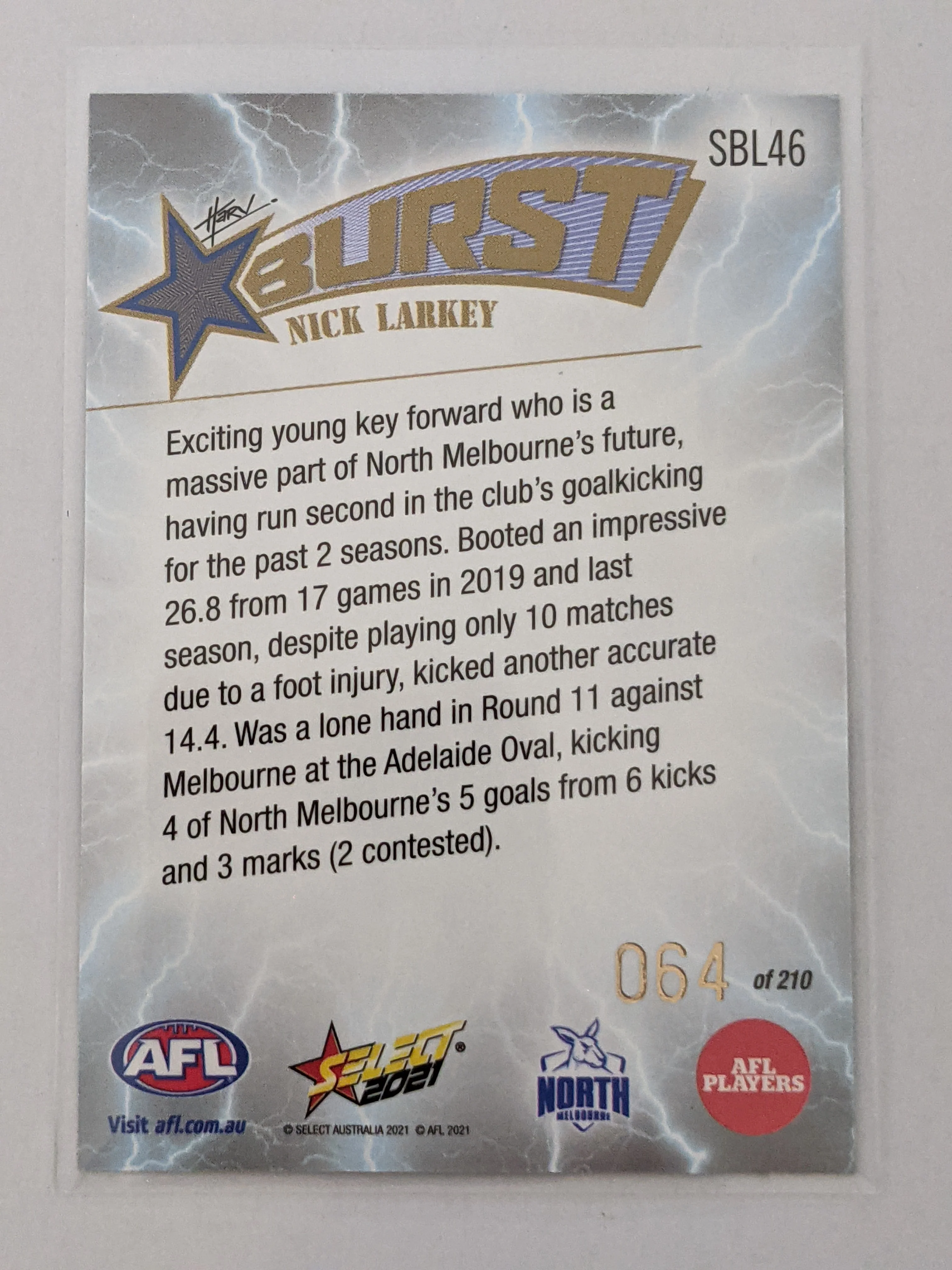 2021 AFL Select Footy Stars Lightning Burst Tarryn Thomas North Melbourne 104/210 - Image 2
