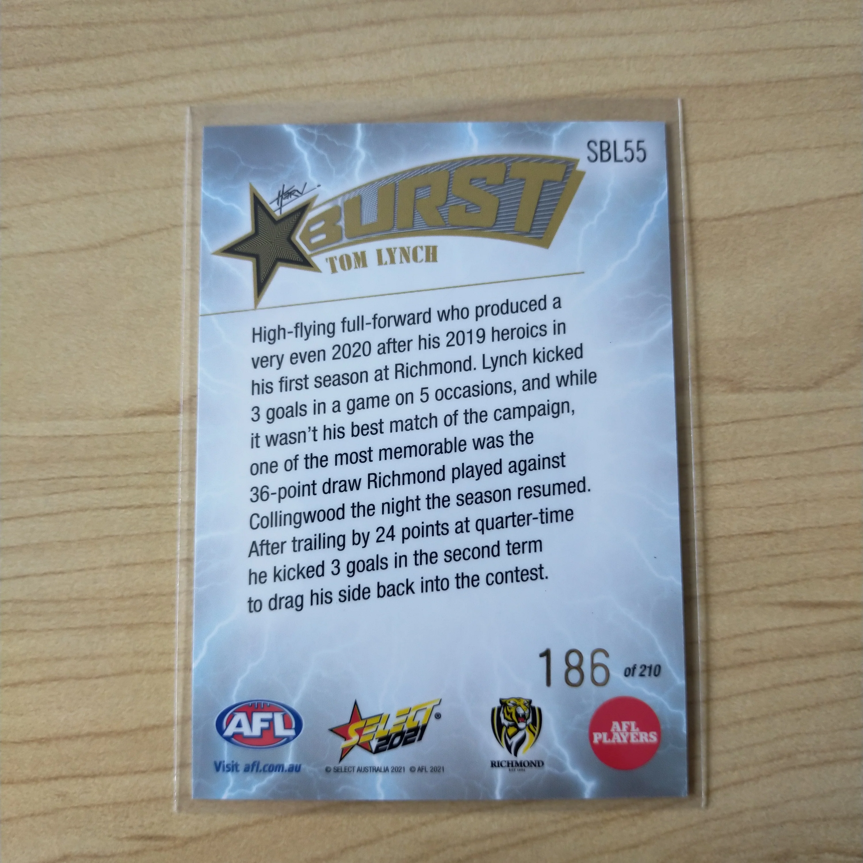 2021 AFL Select Footy Stars Lightning Star Burst Tom Lynch Richmond No.186/210 - Image 2