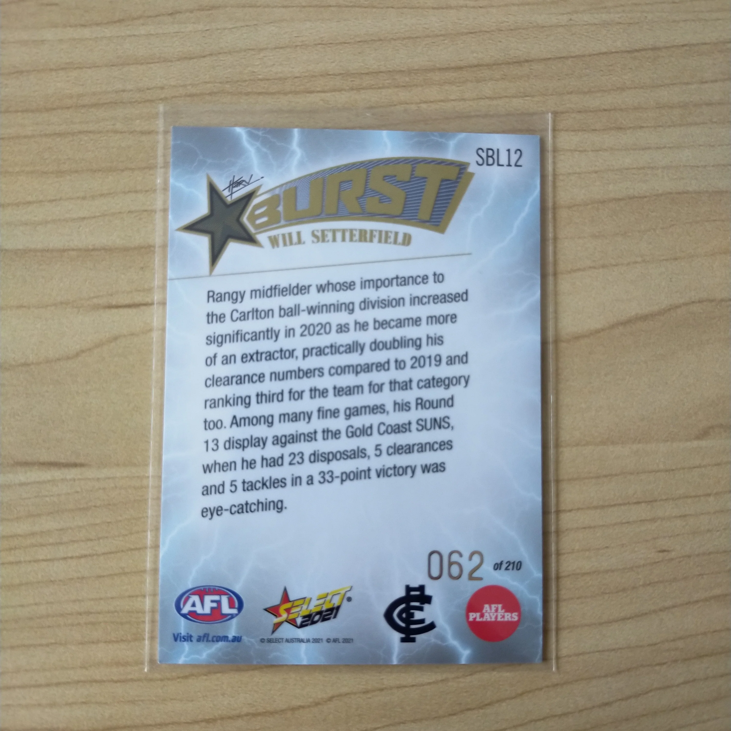 2021 AFL Select Footy Stars Lightning Star Burst Will Setterfield Carlton No.062/210 - Image 2