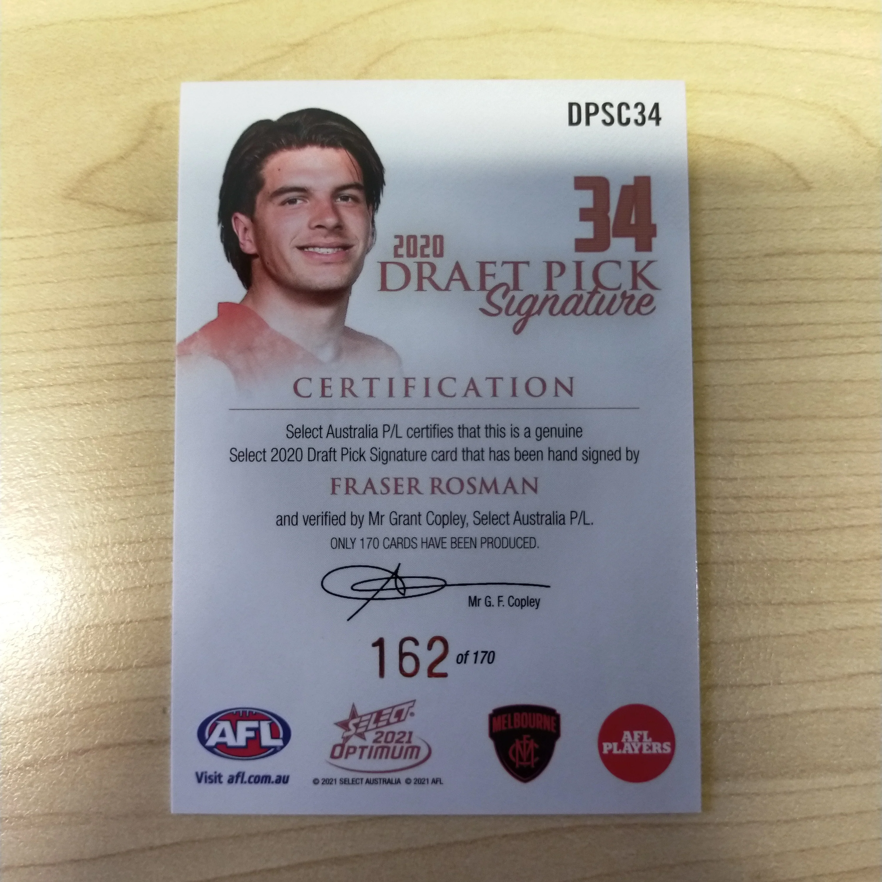 2021 AFL Select Optimum Copper Draft Pick Signature Fraser Rosman Melbourne No.162/170 - Image 2