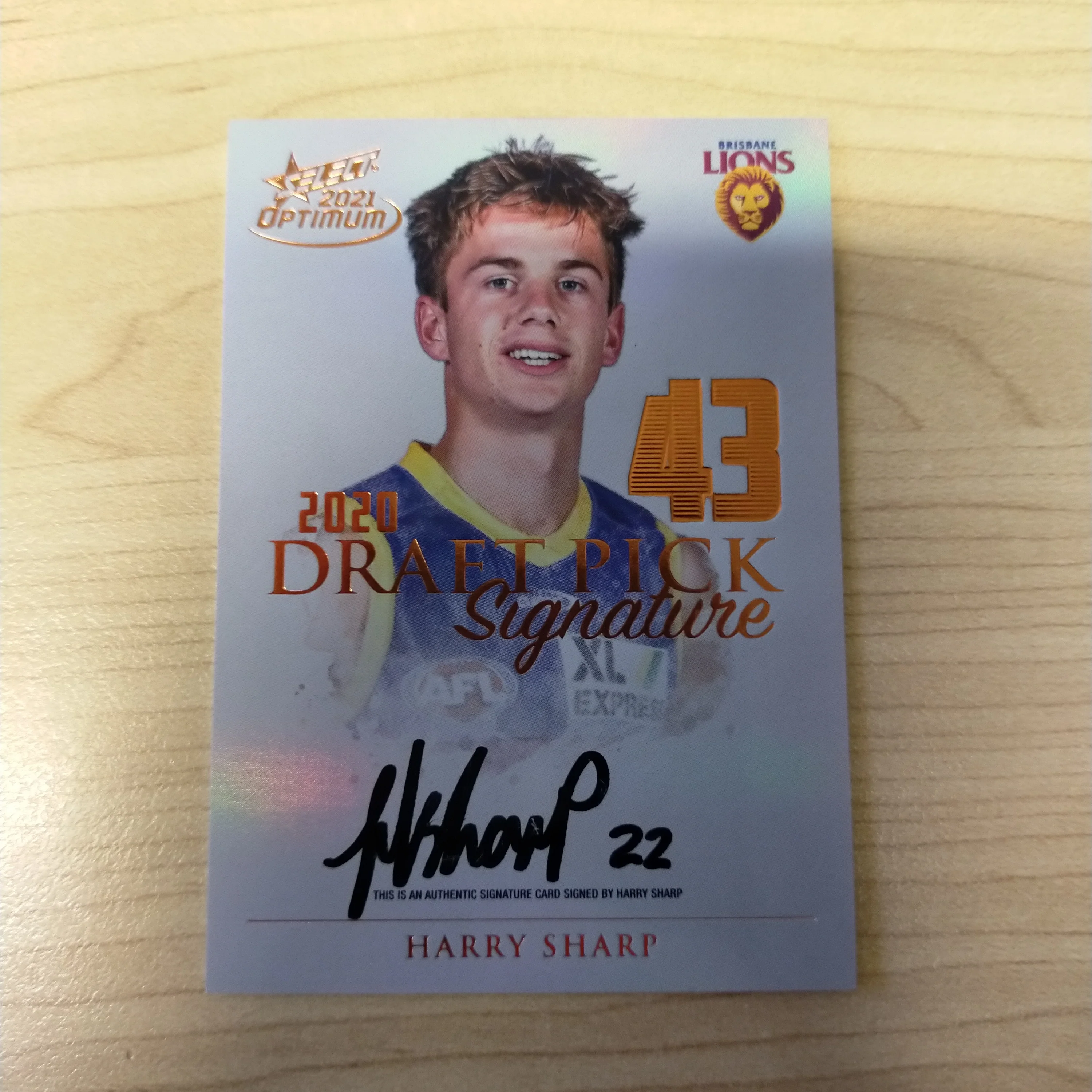 2021 AFL Select Optimum Copper Draft Pick Signature Harry Sharp Brisbane No.114/170