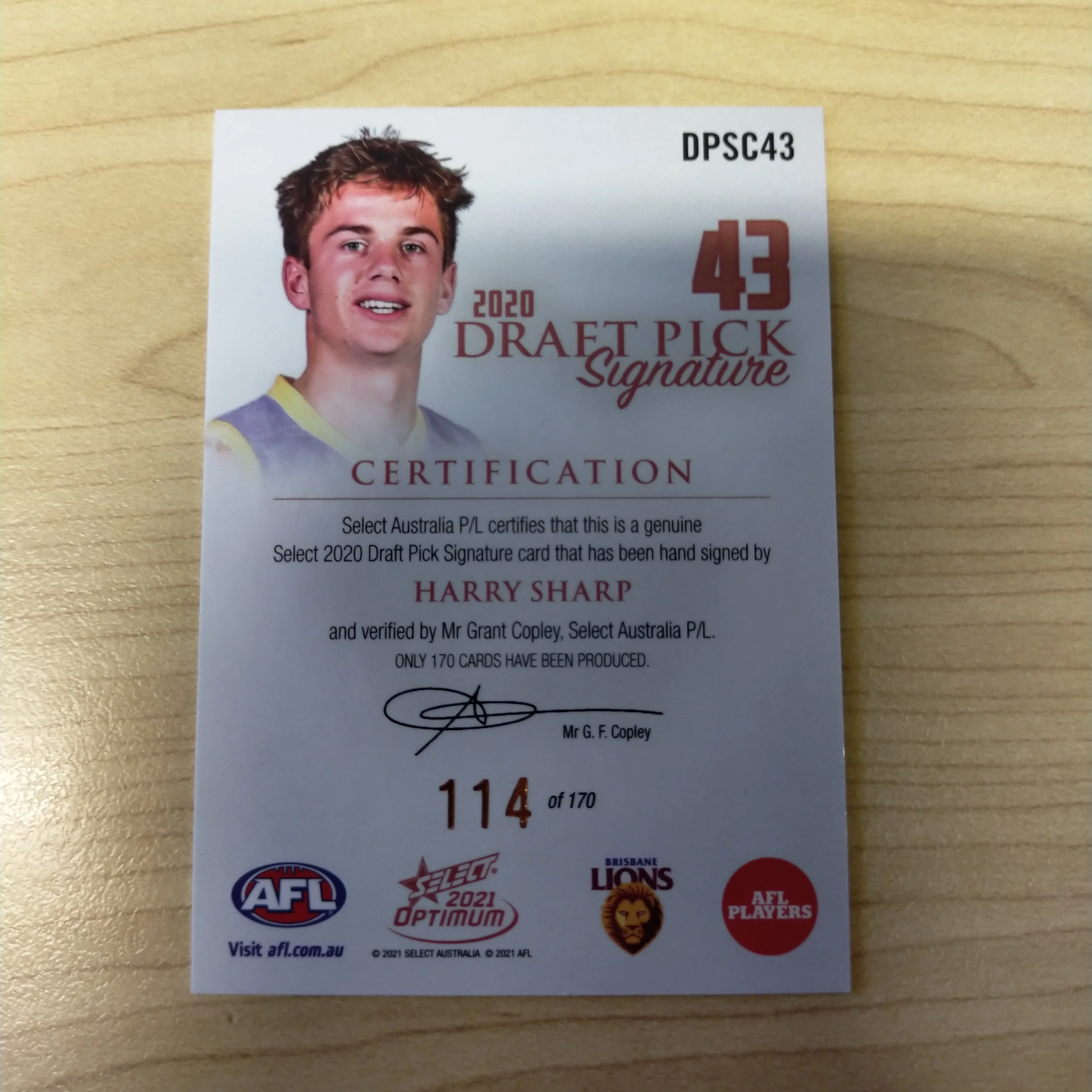 2021 AFL Select Optimum Copper Draft Pick Signature Harry Sharp Brisbane No.114/170 - Image 2