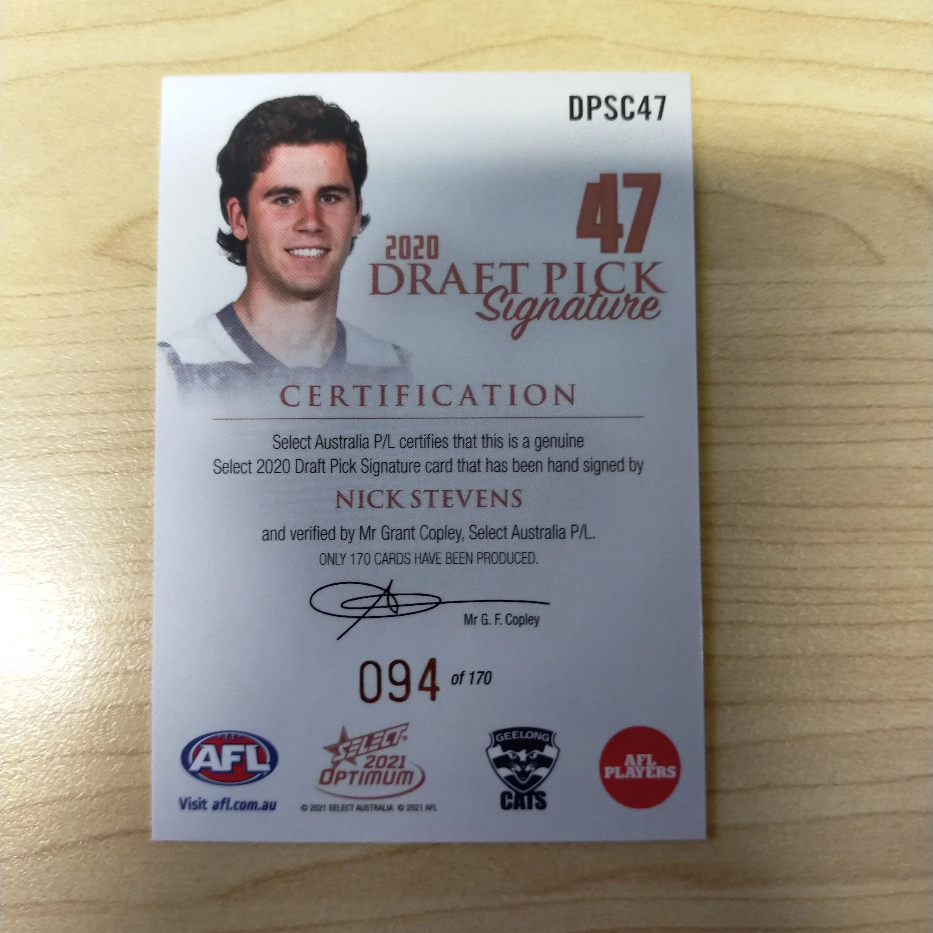 2021 AFL Select Optimum Copper Draft Pick Signature Nick Stevens Geelong No.094/170 - Image 2