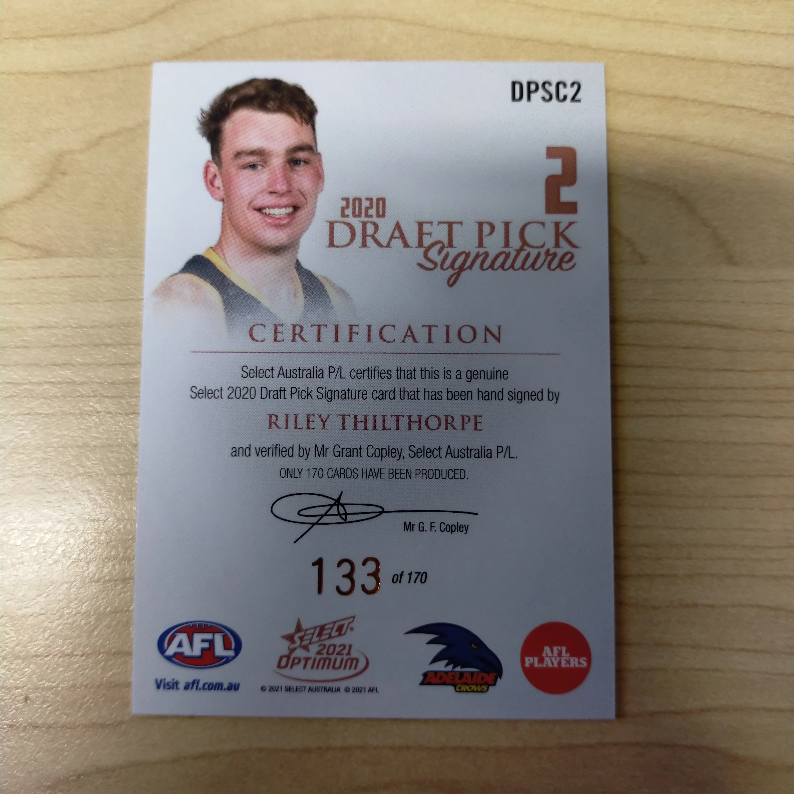 2021 AFL Select Optimum Copper Draft Pick Signature Riley Thilthorpe Adelaide No.133/170 - Image 2