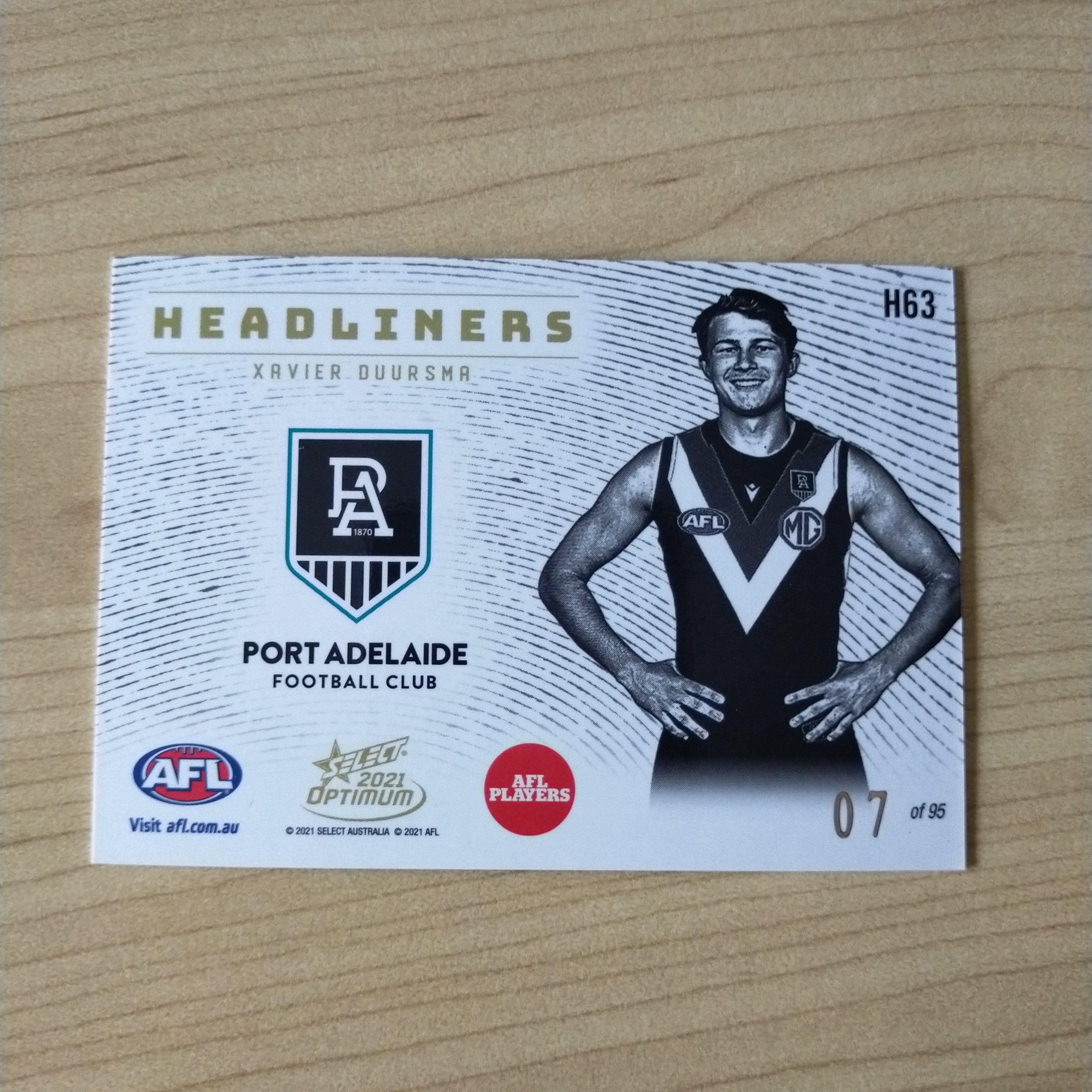 2021 AFL Select Optimum Headliners Xavier Duursma Port Adelaide No.07/95 - Image 2