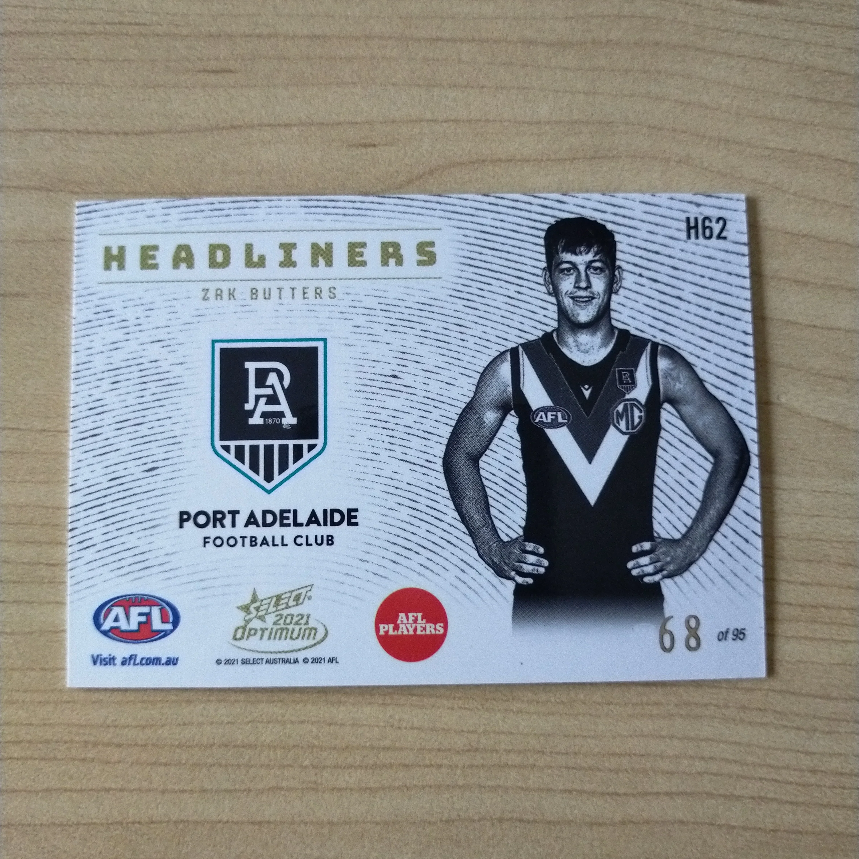 2021 AFL Select Optimum Headliners Zak Butters Port Adelaide No.68/95 - Image 2